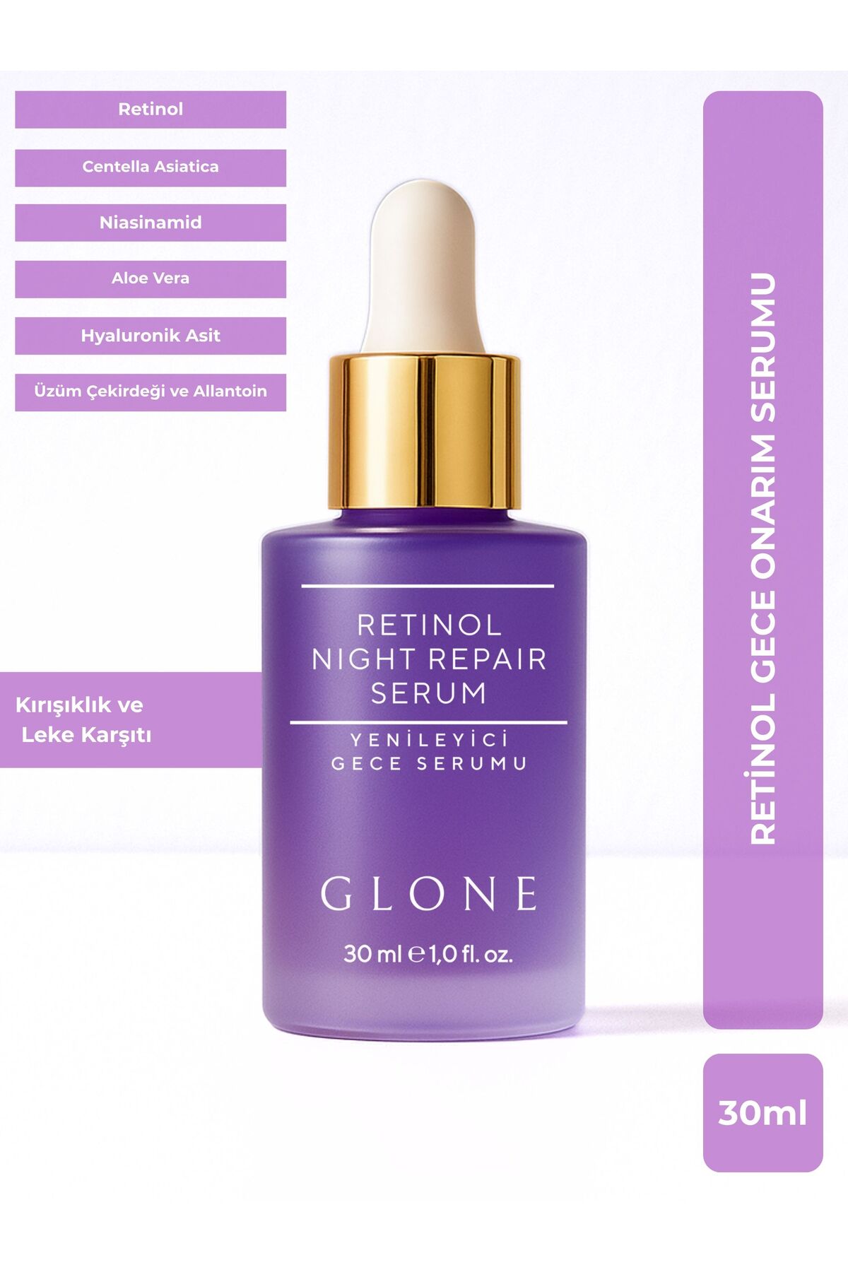 GLONE Retinol Yenileyici Gece Serumu 30ml | Retinol, Niacinamide & Hyaluronik Asit İçeren Anti-Aging Serum