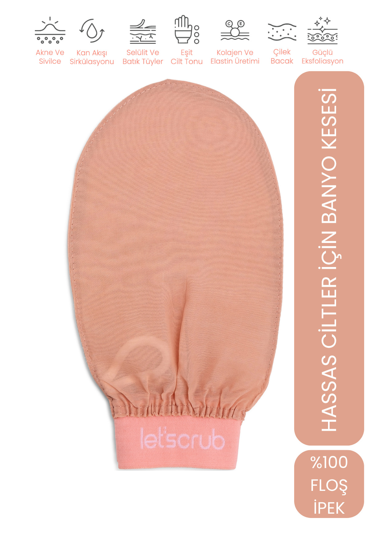 LET'SCRUB Bej Lastikli Banyo Duş Kesesi Peeling Eldiveni %100 Floş Ipek Hassas Ciltler Için 1 Adet