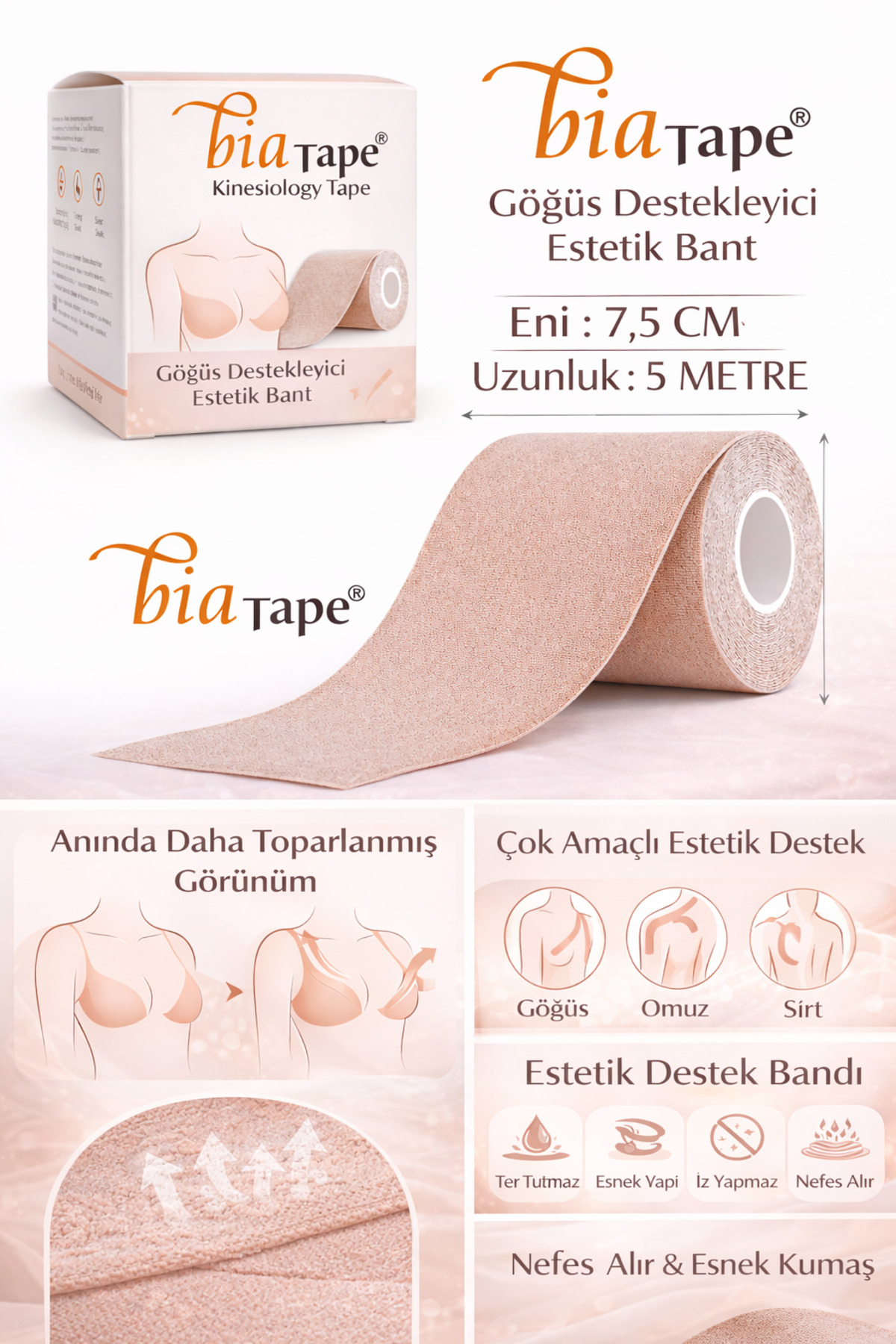 BiaTape Göğüs destekleyici ve Şekillendirici Bant , Göğüs ucu izi kapatıcı Eni 7,5cm x Uzunluk 5 M Kinesio
