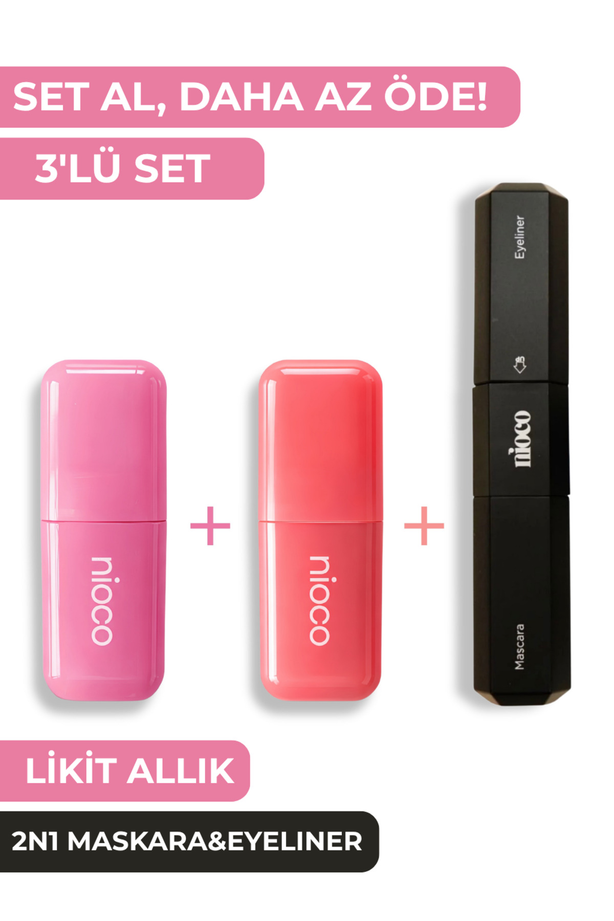NİOCO Işıltılı Likit Allık Pembe-Şeftali | 2'si 1 Arada Tubing Maskara&Eyeliner Seti | 3'lü set
