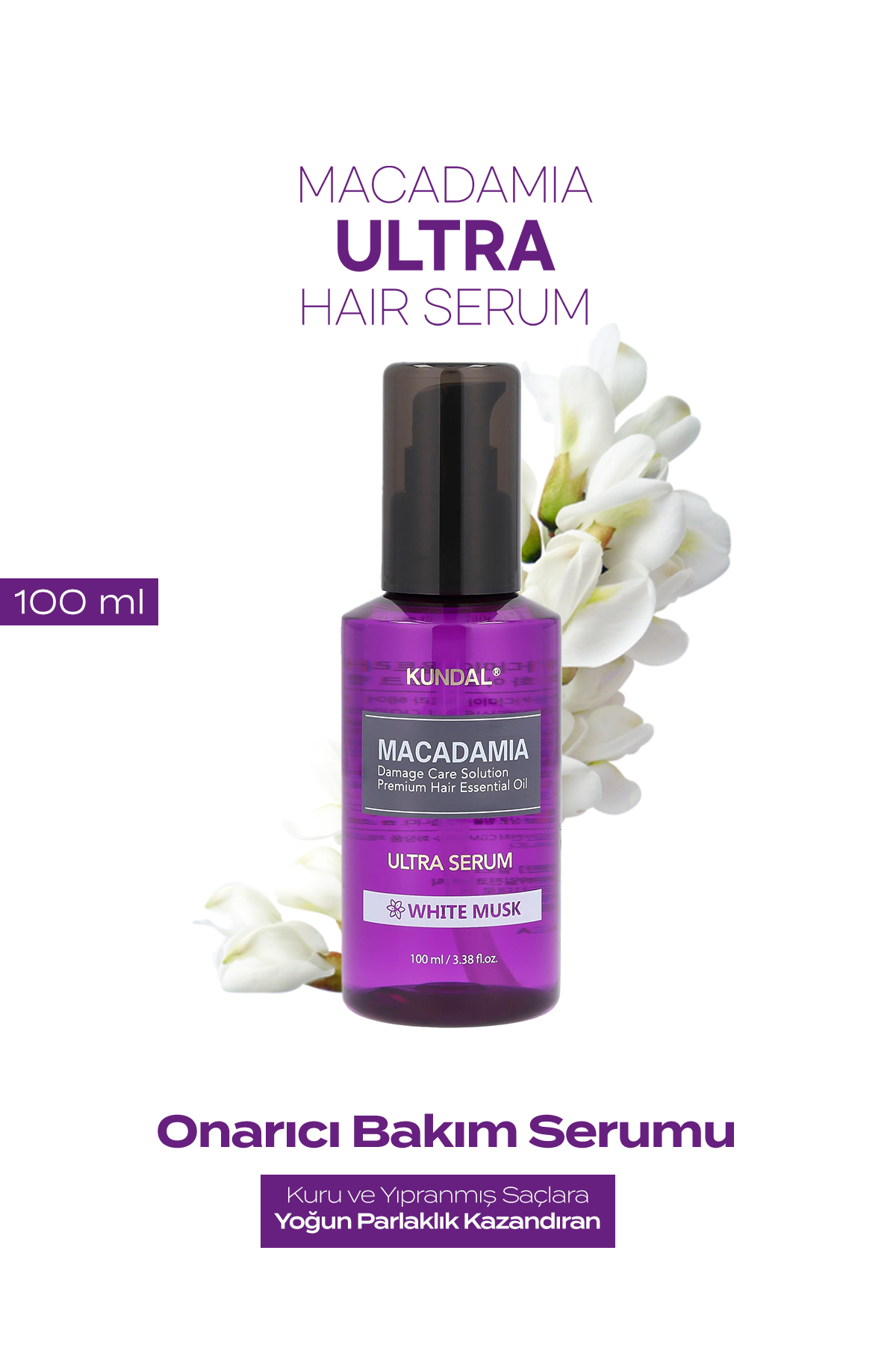 Kundal Kuru ve Yıpranmış Saçlara Onarıcı Bakım Serumu KUNDAL Macadamia Ultra Hair Serum 100ml (White Musk)