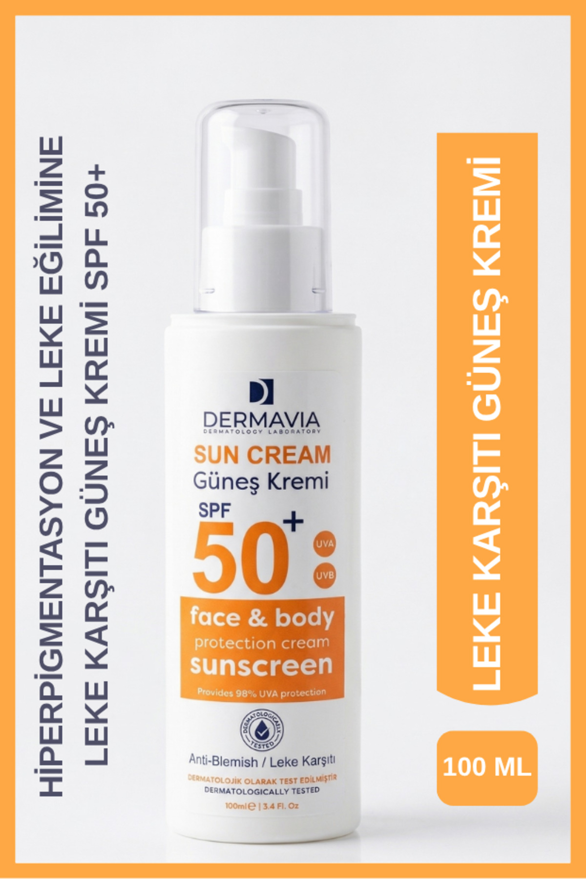 Dermavia Spf 50 Yüz Ve Vücut Koruma Leke Karşıtı Güneş Kremi 100 ml - Suya Dayanıklı Karma Ciltler