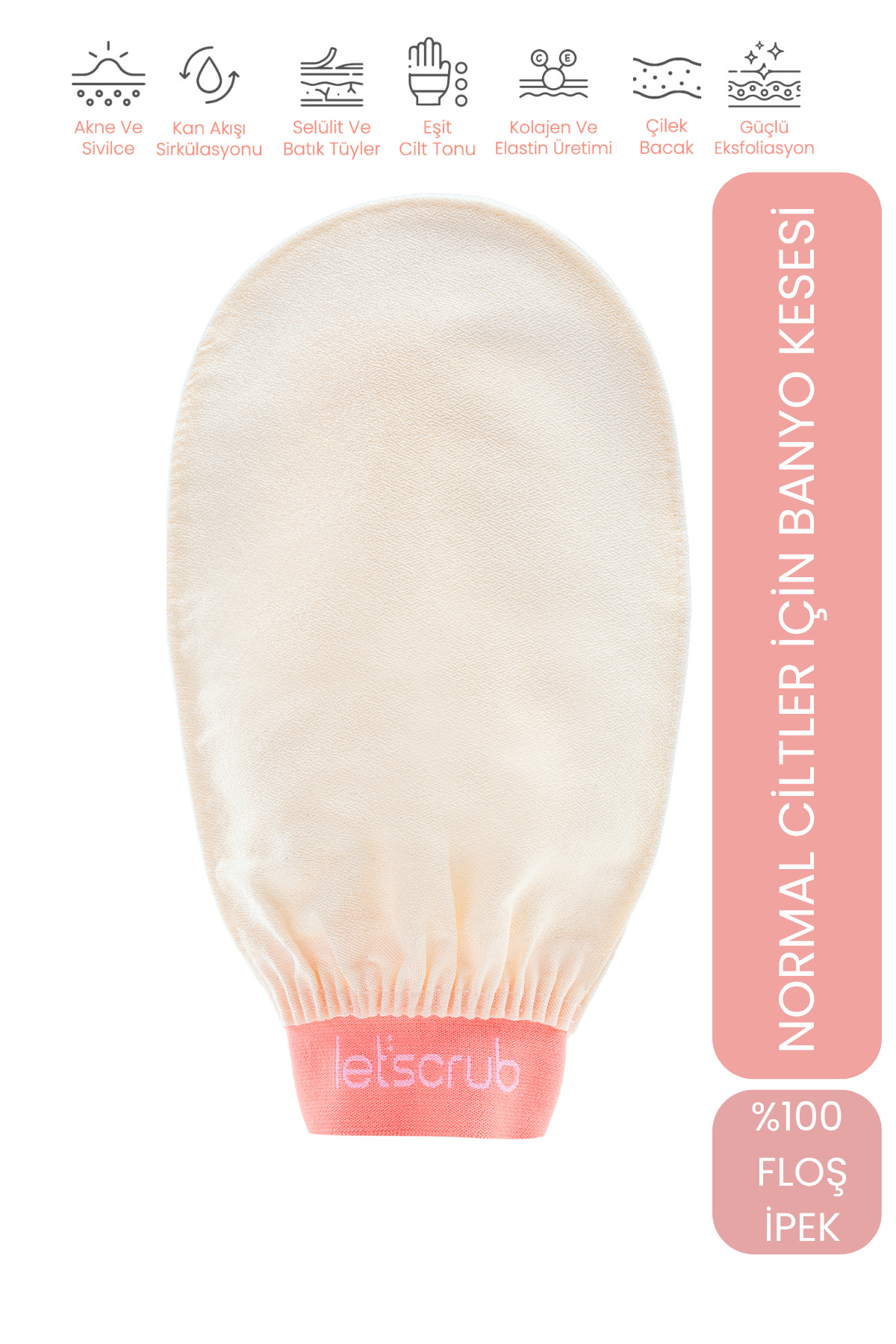 LET'SCRUB 1 Adet Ekru Banyo Duş Kesesi Peeling Eldiveni %100 Floş Ipek Normal Ciltler Için