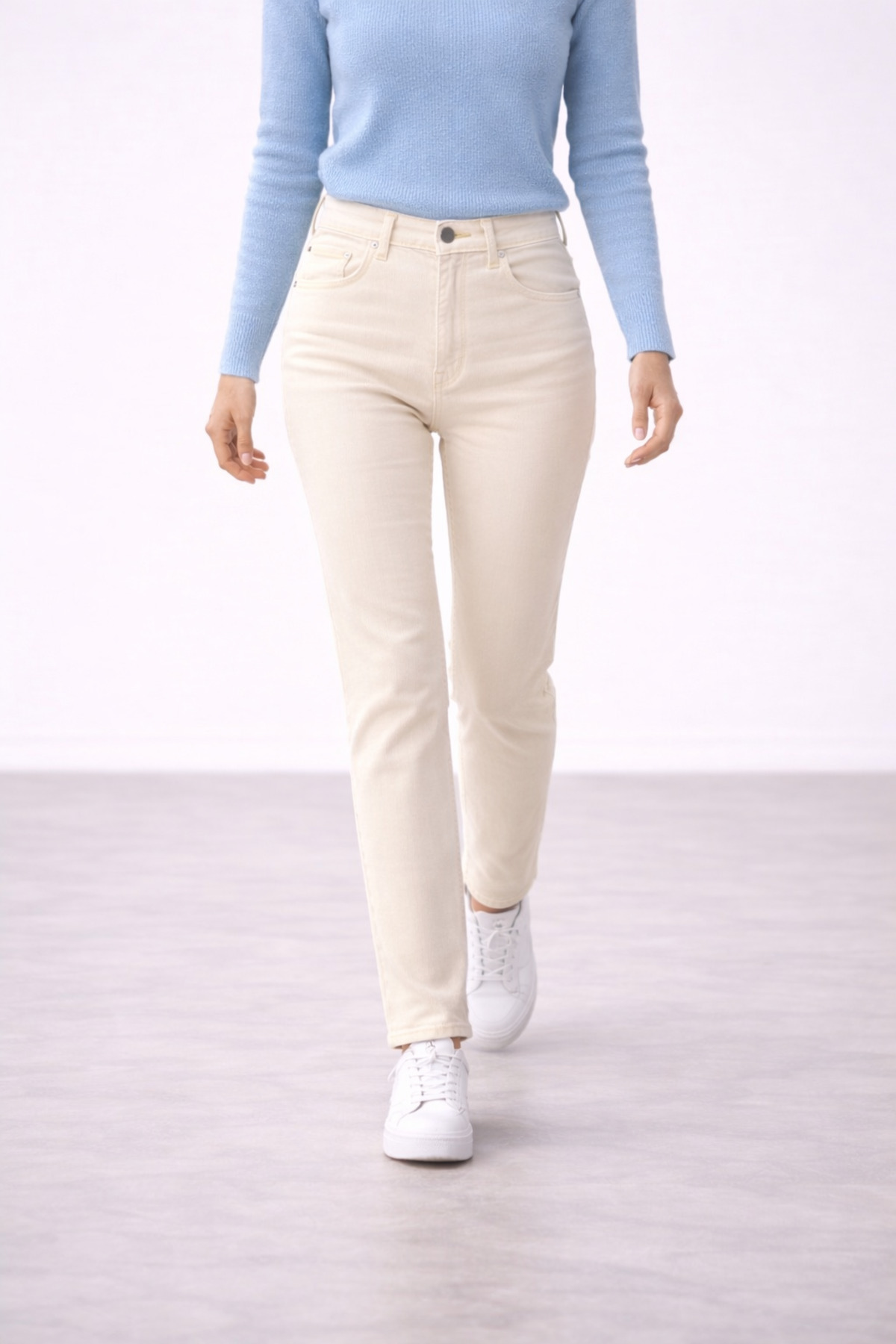 TRUEJNS True Kadın Krem Yüksek Bel Bej Likralı Trend Mom Jean