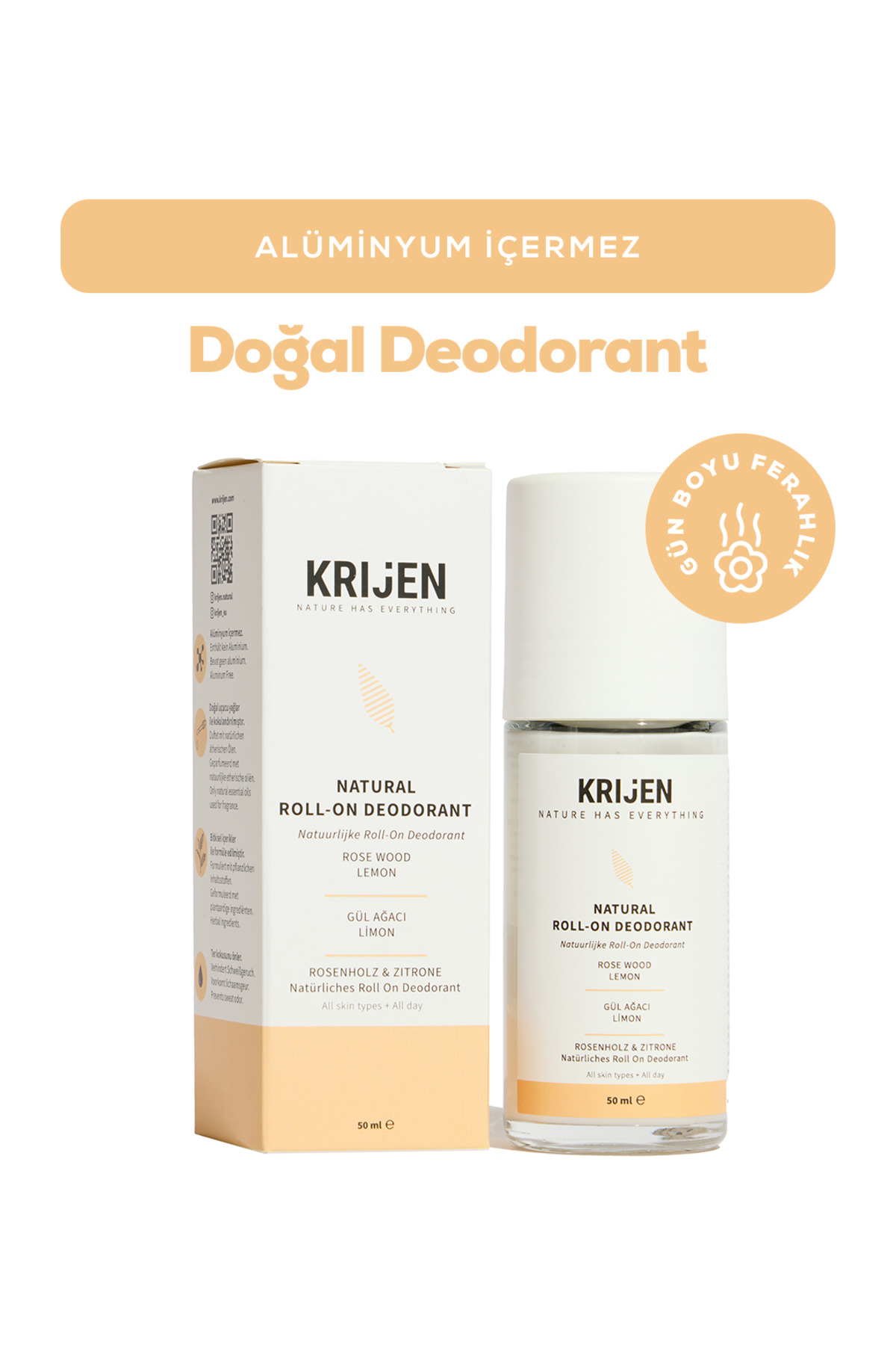 Krijen Doğal Deodorant - Gül Ağacı & Limon Roll-on Deodorant 50 Ml - Bitkisel Ter Kokusu Önleyici
