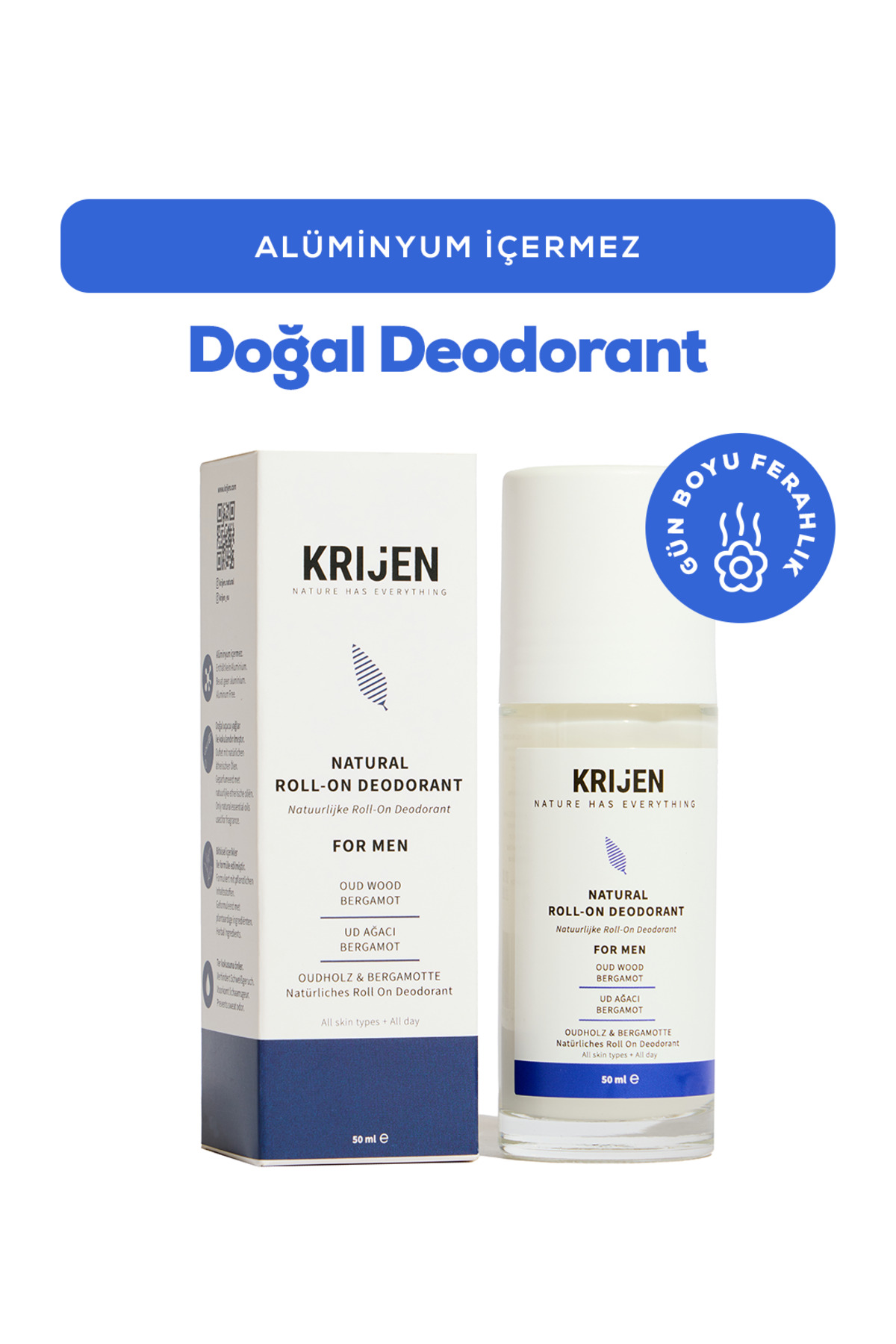 Krijen Ud Ağacı & Bergamot Erkek Roll-On Deodorant | Aluminyum İçermez + Mineral + Doğal Yağlar