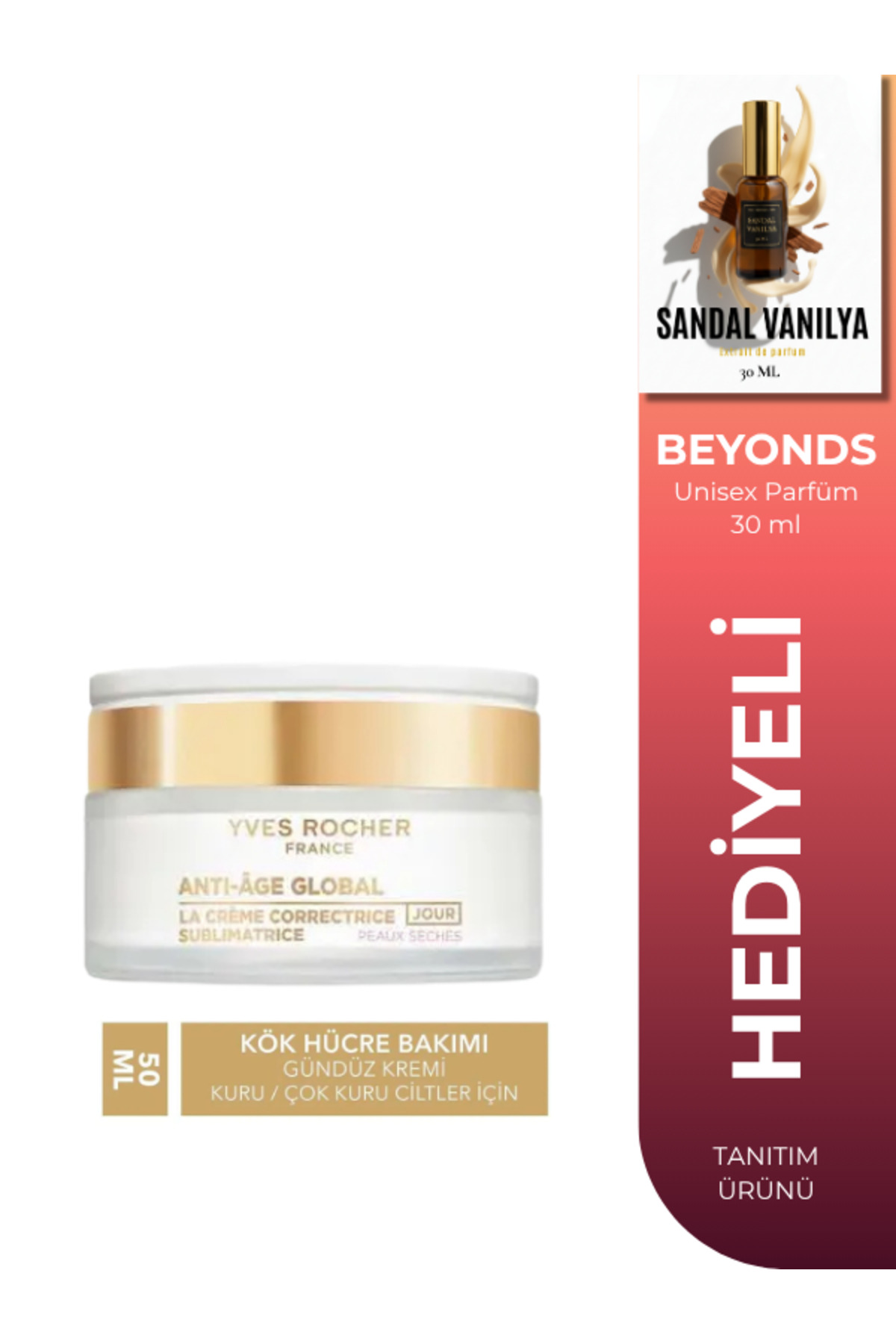 Yves Rocher Anti-Age Gündüz Kremi Kuru Cilt 50ml + BEYONDS Sandal Vanilya Extrait Parfüm