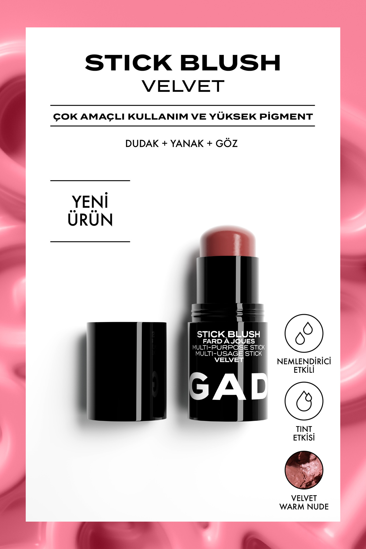 Gaddot Velvet Stick Allık – Krem, Dudak Yanak Göz İçin Çok Amaçlı, Kalıcı ve Yüksek Pigmentli