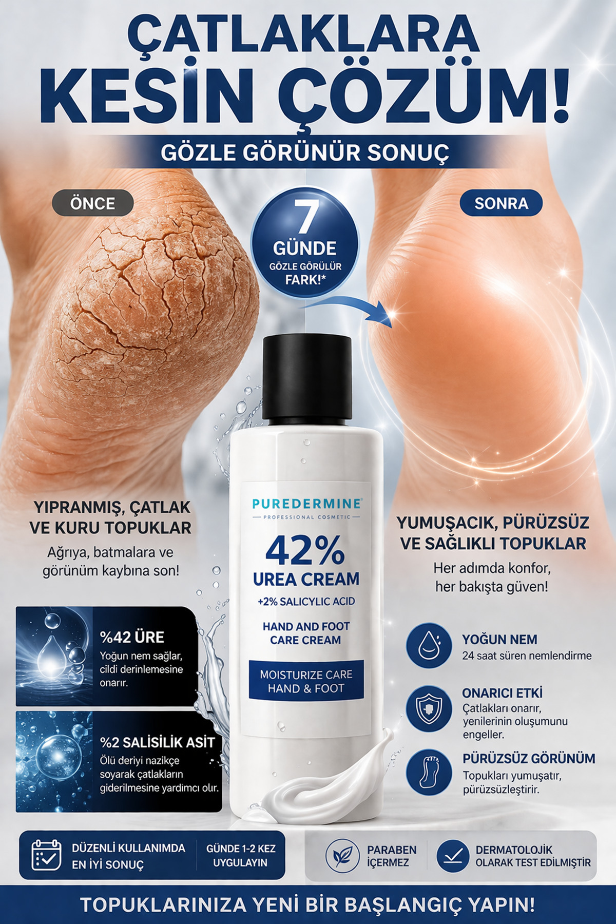 Puredermine Sert ve Çatlak Topuklara Veda! Yoğun Nem + Güçlü Onarım + Kusursuz Sonuç