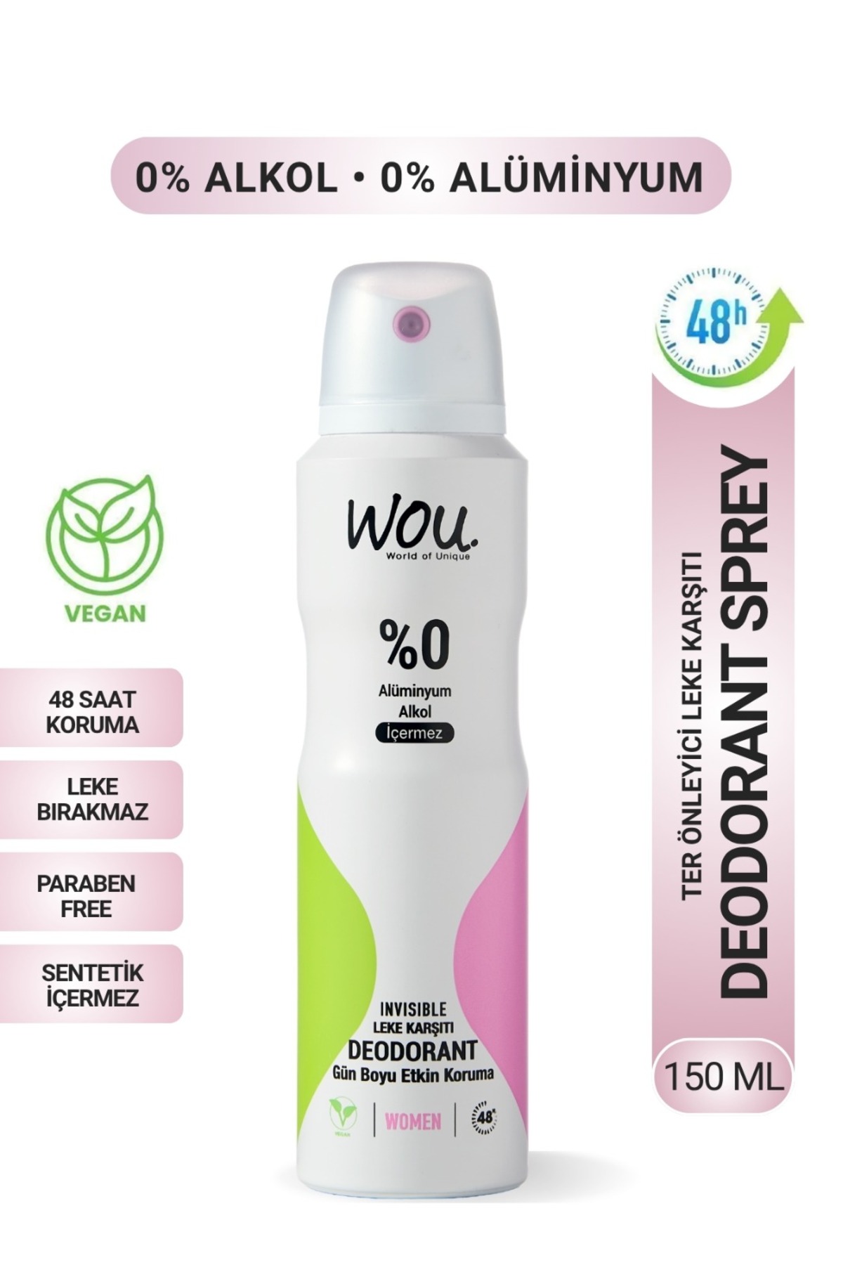 WOU World of Unique Kadın Deodorant Sprey ,Pudrasız,48 Saat Etkin Vegan,Alkol İçermez,150ml