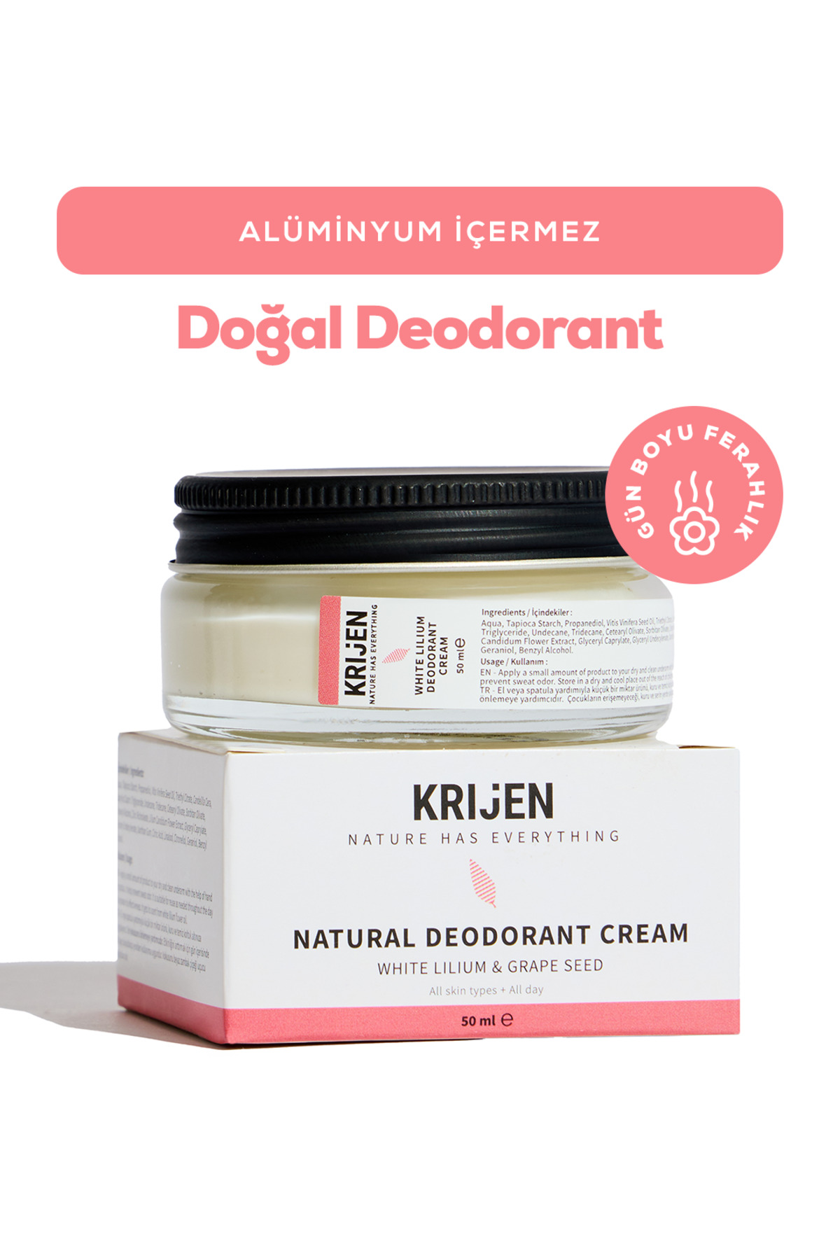 Krijen Doğal Deodorant - Beyaz Zambak & Üzüm Çekirdeği Krem Deodorant 50 Ml-Bitkisel Ter Kokusu Önleyici