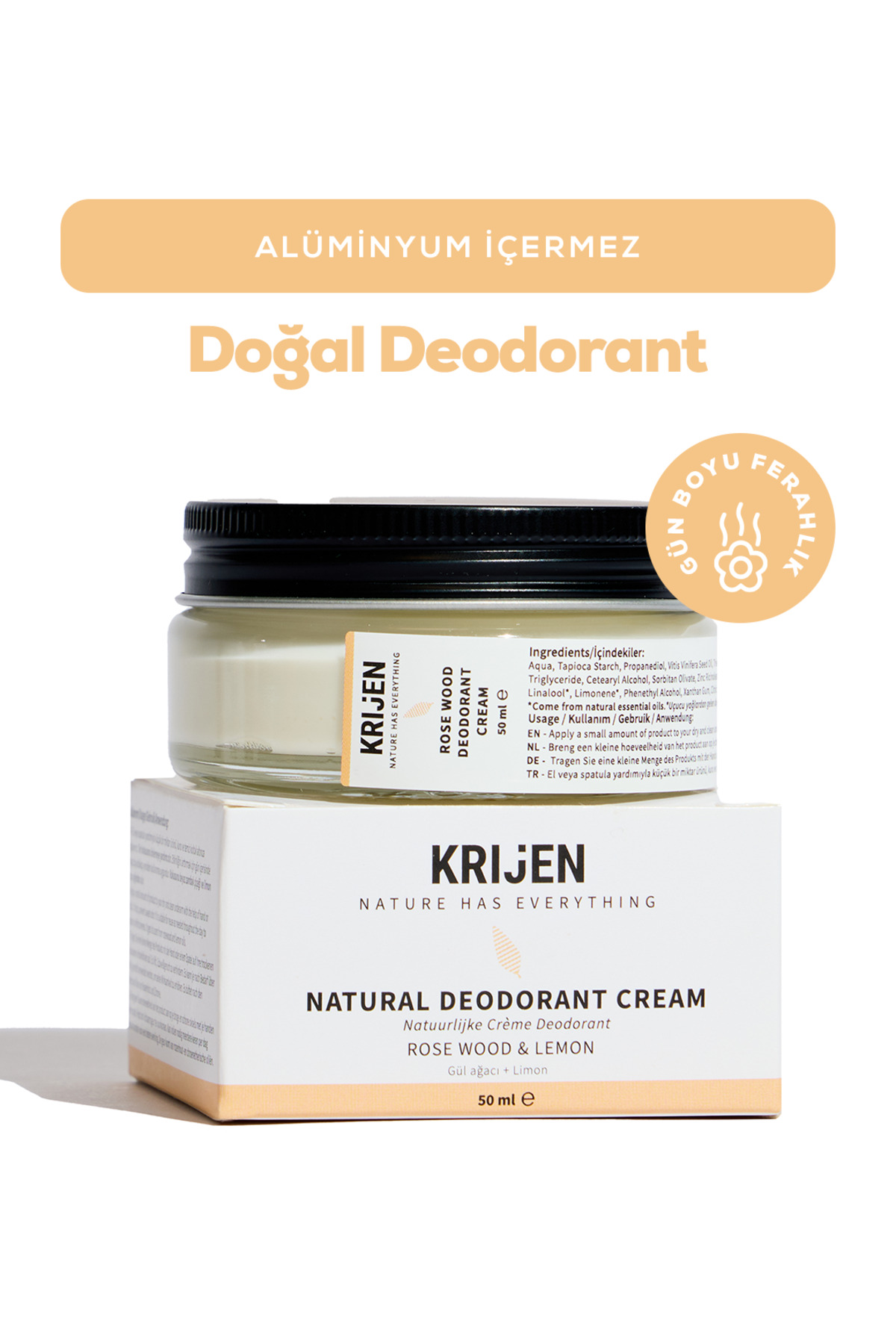 Krijen Gül Ağacı & Limon Krem Doğal Deodorant 50 ml - Alüminyum İçermez - Bitkisel Ter Kokusu Önleyici