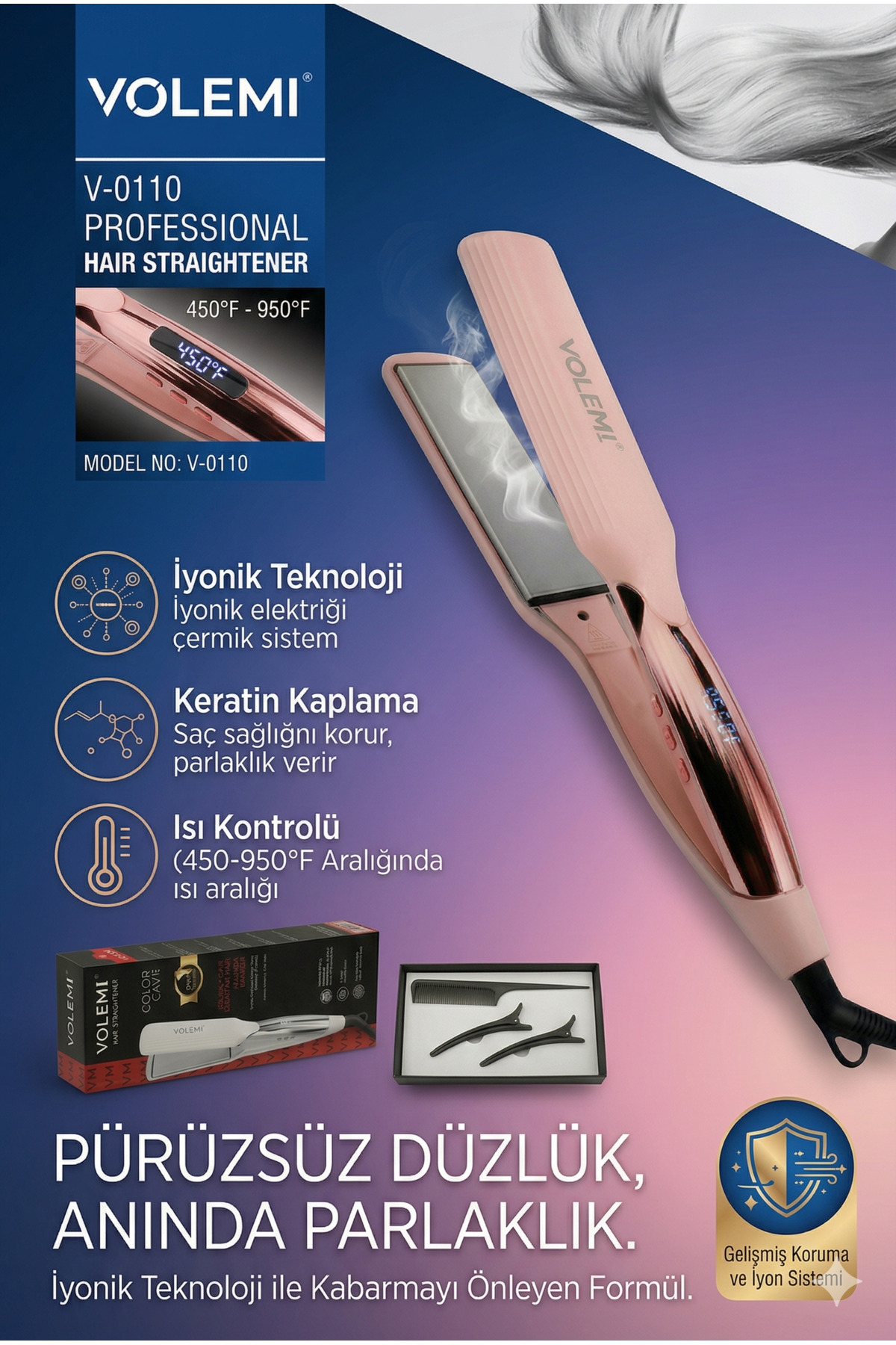 VOLEMİ 0110 Geniş Seramik Plakalı Saç Düzleştirici Hızlı Isınma Dijital LED Ekran Parlak ve Pürüzsüz Saçlar