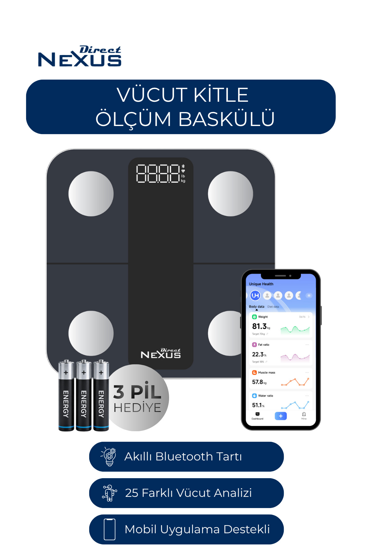 Direct NEXUS Vücut Kitle Indeksi Ölçüm Baskülü Dijital Lcd Ekranlı Akıllı Telefon Bağlantılı Ve Hassas Tartı