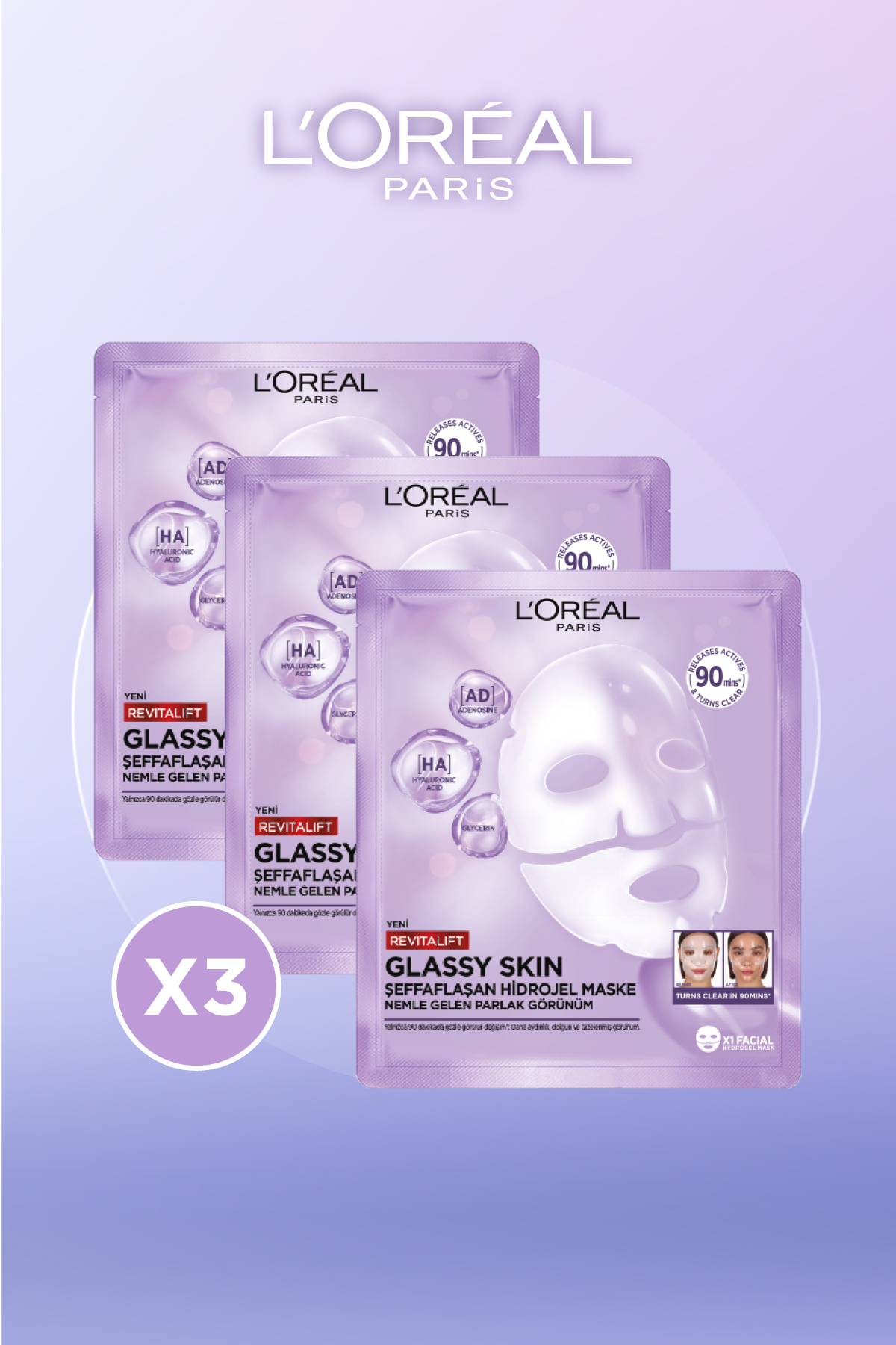 L'Oreal Paris 3 'lü Revitalift Glassy Skin Cam Cilt Görünümü Etkili Şeffaflaşan Işıltı & Nem Veren Hidrojel Maske