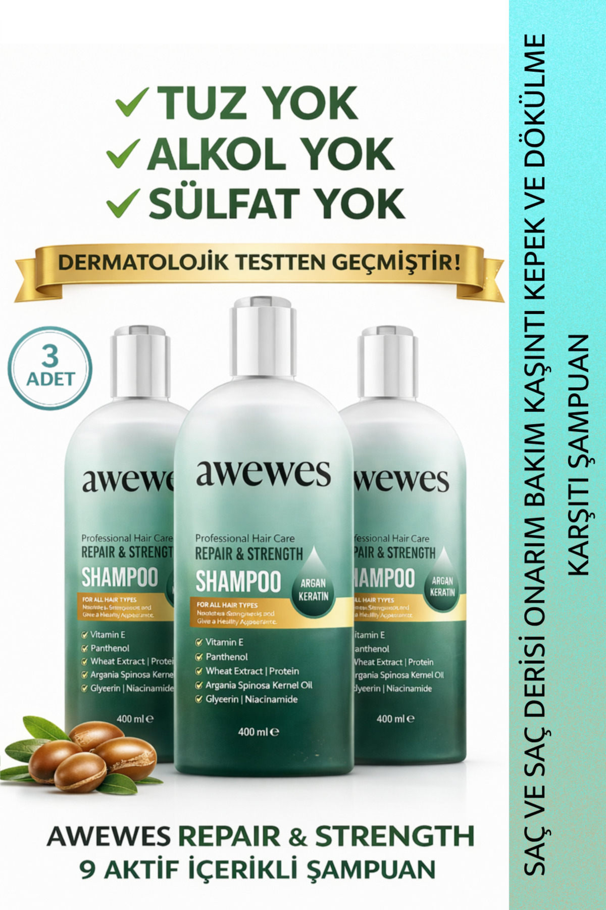 awewes Kepek Karşıtı Onarıcı Şampuan – Argan Yağı, Keratin, Vitamin B3 & Panthenol İçeren şampuan