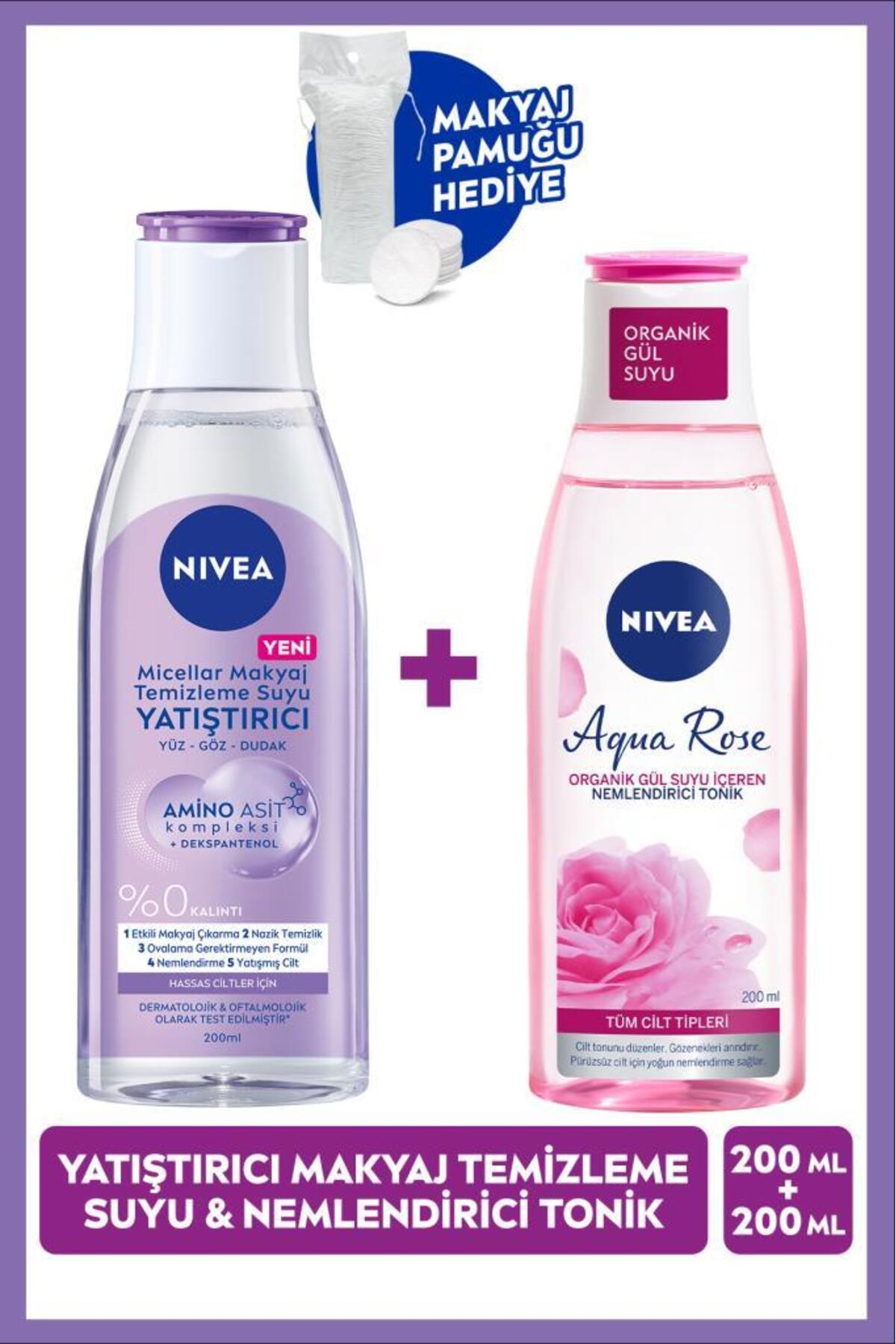 NIVEA Yatıştırıcı Micellar Makyaj Temizleme Suyu 200ml ve Nemlendirici Tonik, Pamuk Hediyeli Bakım Rutini