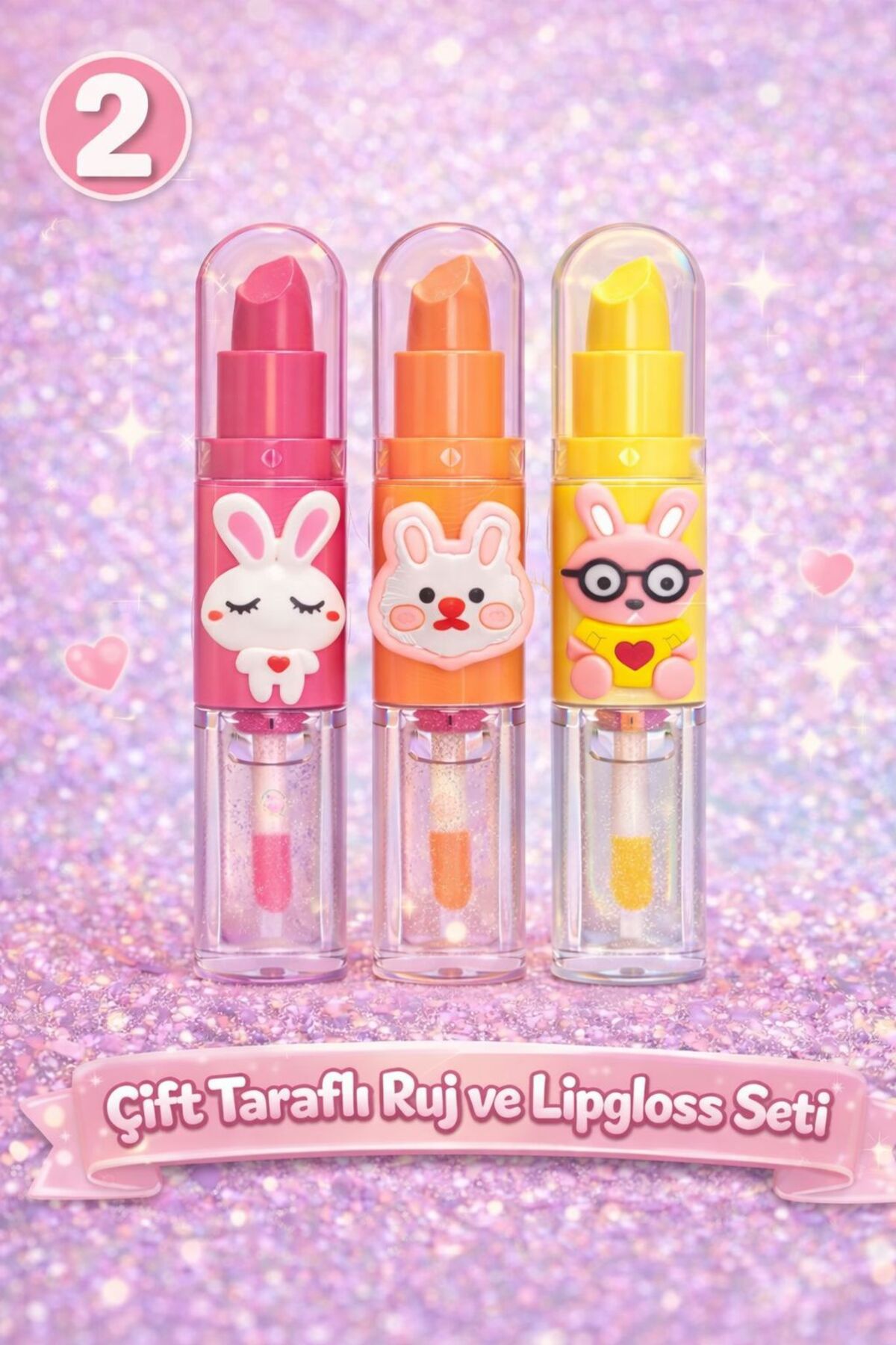 NUNUKO Çift Taraflı Tavşanlı Çocuk Ruj ve Lip Gloss Seti