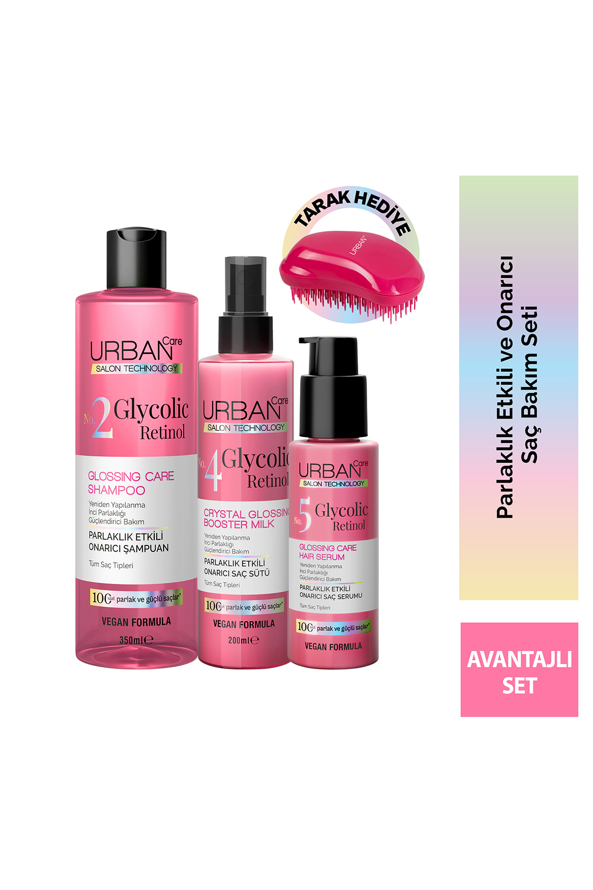 Urban Care Saç Açıcı Tarak Hediyeli Glycolic Retinol Parlaklık Etkili Saç Bakım Seti (Şampuan-Süt-Serum)-Gloss