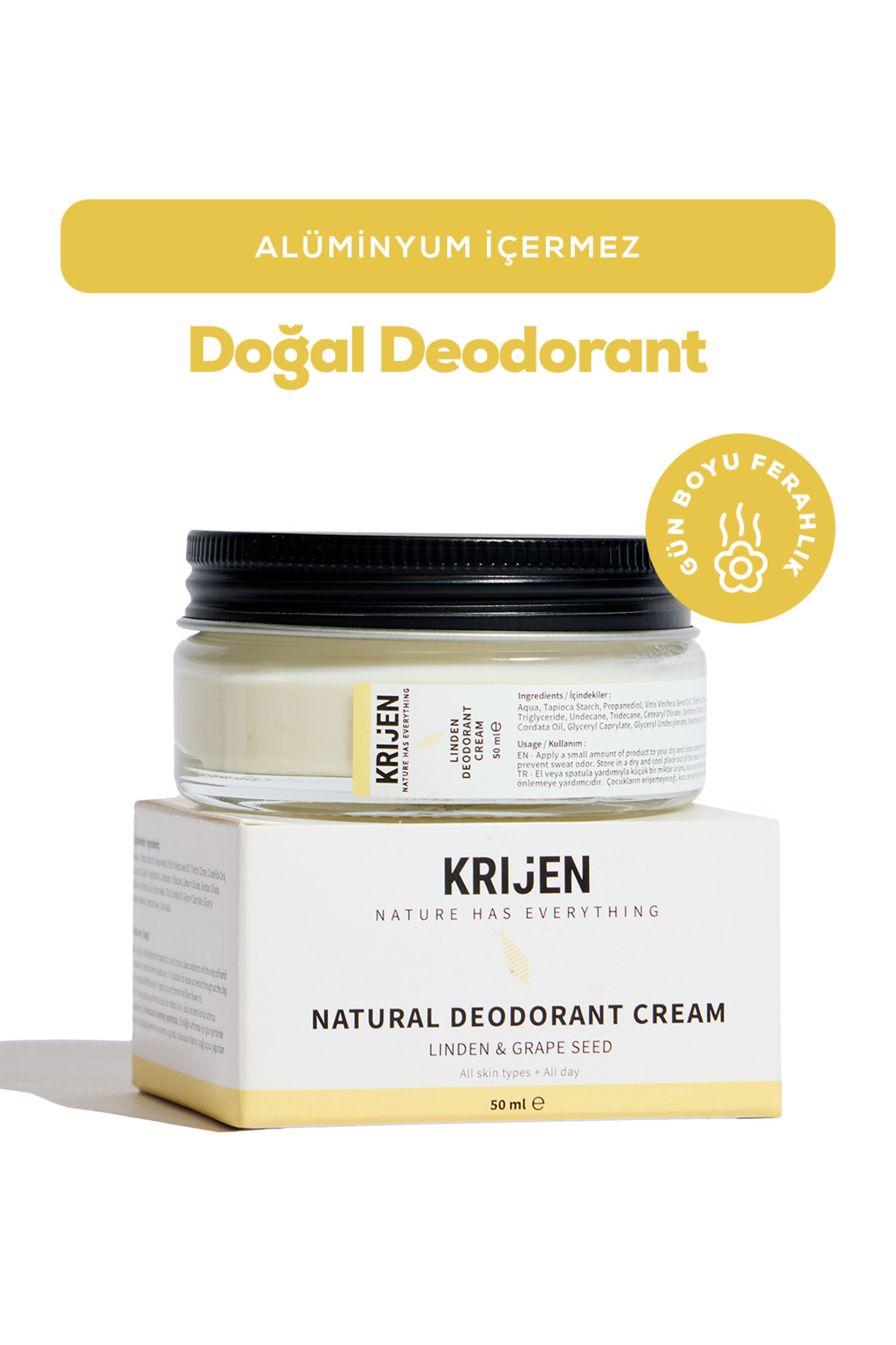 Krijen Doğal Deodorant - Ihlamur Çiçeği & Üzüm Çekirdeği Krem Deodorant 50 Ml-Bitkisel Ter Kokusu Önleyici
