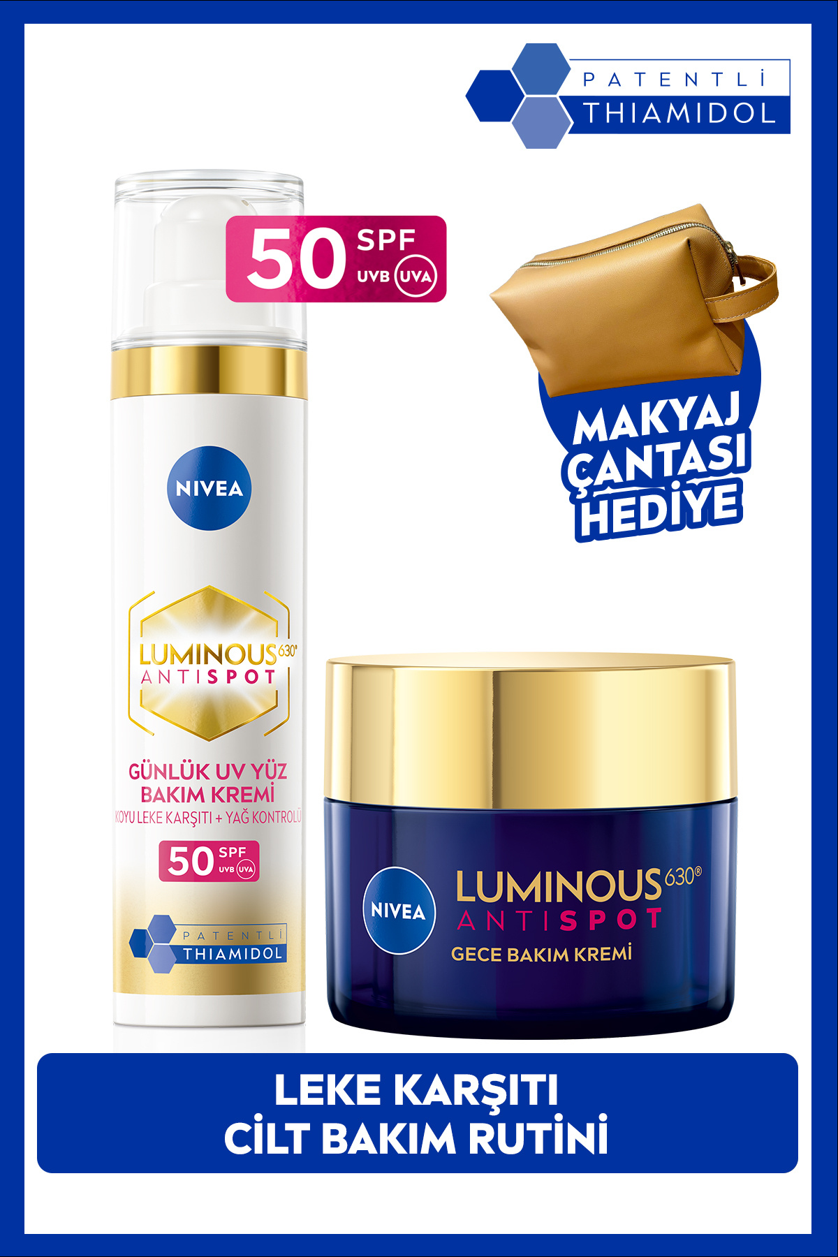 NIVEA Luminous630 Leke Karşıtı Cilt Bakım Rutin, Güneş Koruyucu Yüz Kremi 40ml ve Gece Kremi,Çanta Hediye