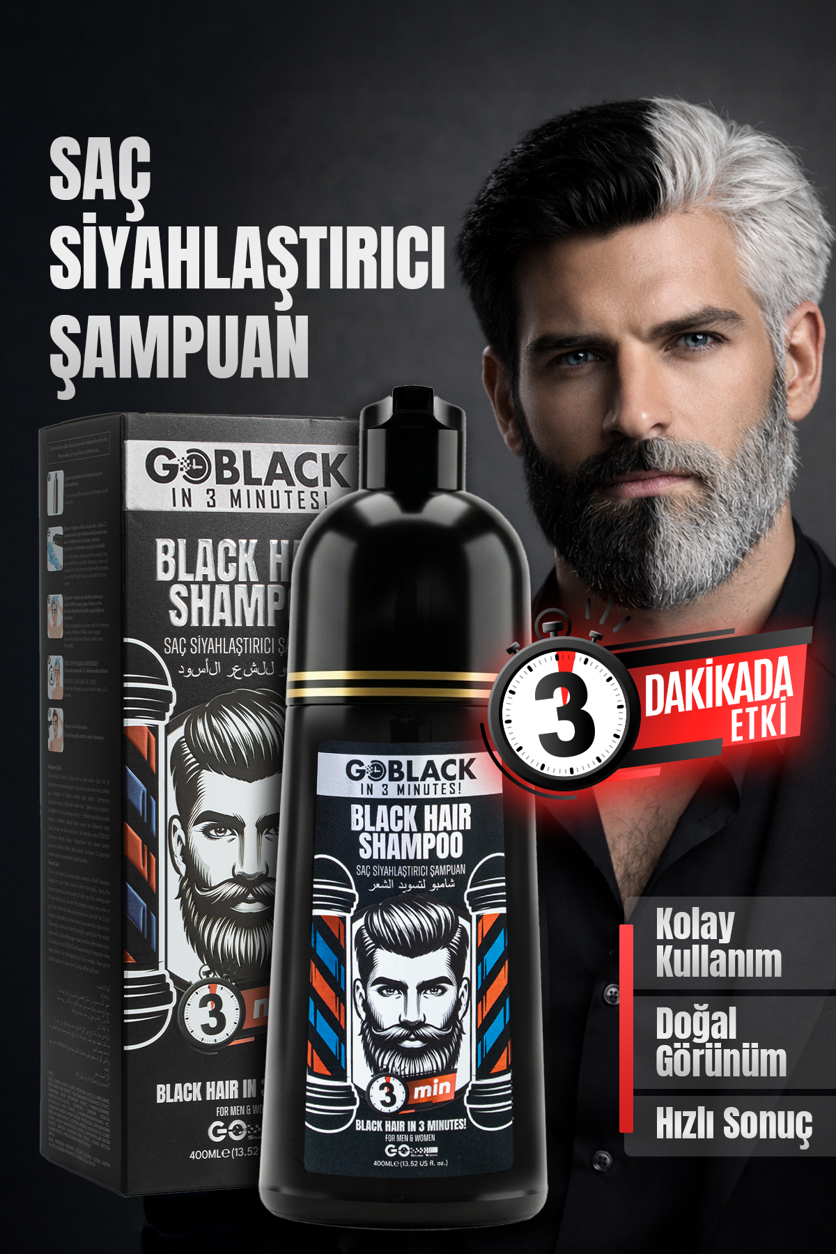Go Black Saç Siyahlaştırıcı Beyaz Kapatıcı Siyah Şampuan 3 Dakikada Etkili Saç Sakal Şampuanı 400ml.