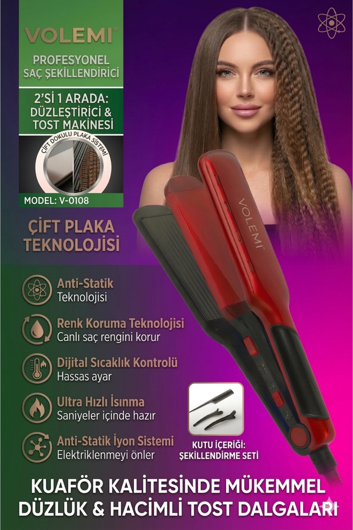 VOLEMİ V-0108 Saç Düzleştirici + Tost Model Yapıcı – Çift Fonksiyonlu Profesyonel Saç Şekillendirici
