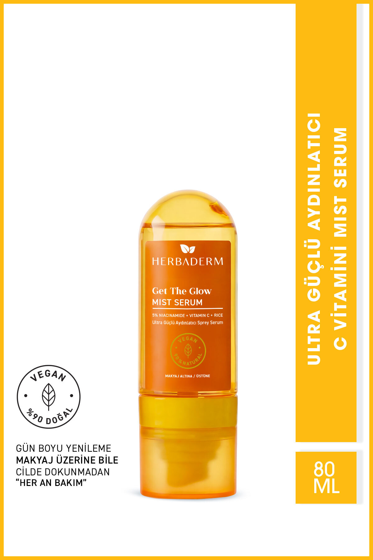 Herbaderm Ultra Güçlü Aydınlatıcı C Vitamini Mist Sprey Serum, Makyaj Altına/Üstüne 80 ml