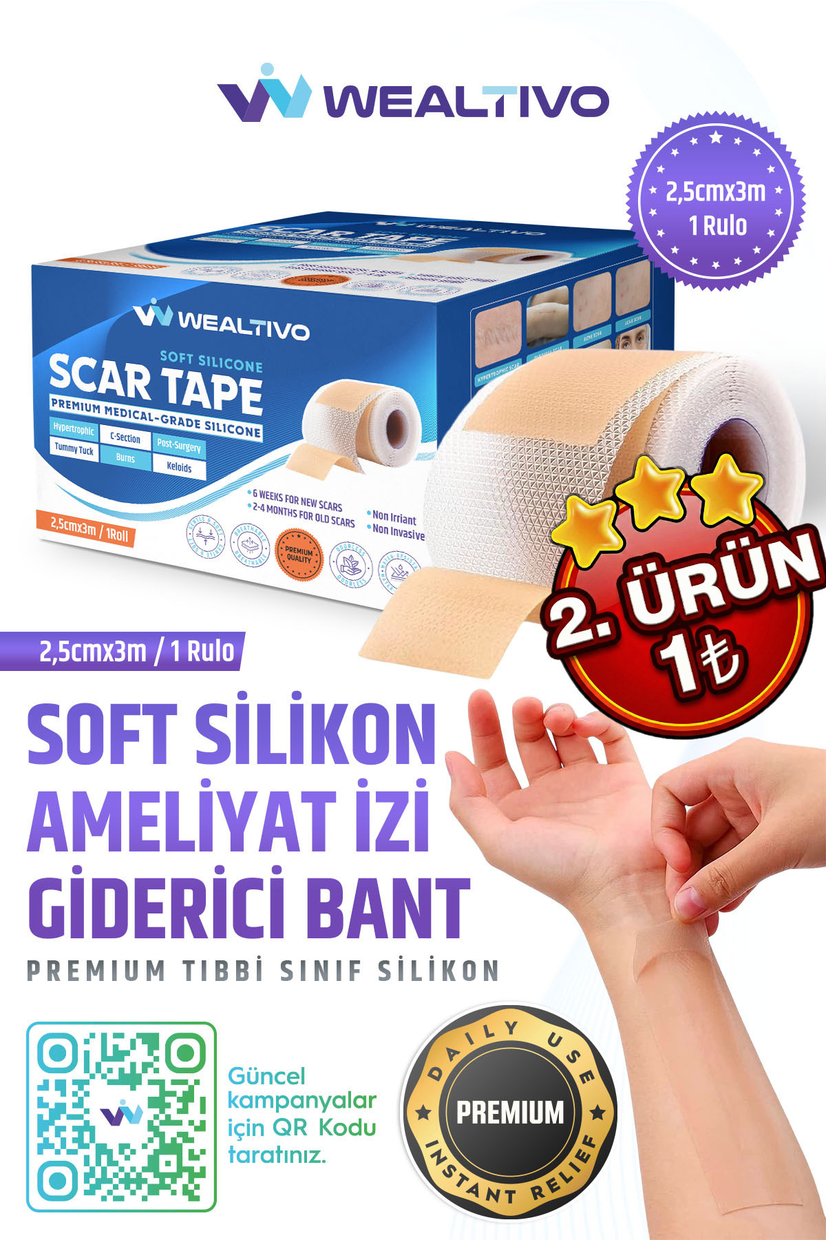 Wealtivo Soft Silikon Bant (3m), Silikonlu Bandı, Keloid/Skar/Ameliyat/Cerrahi İzler için %93