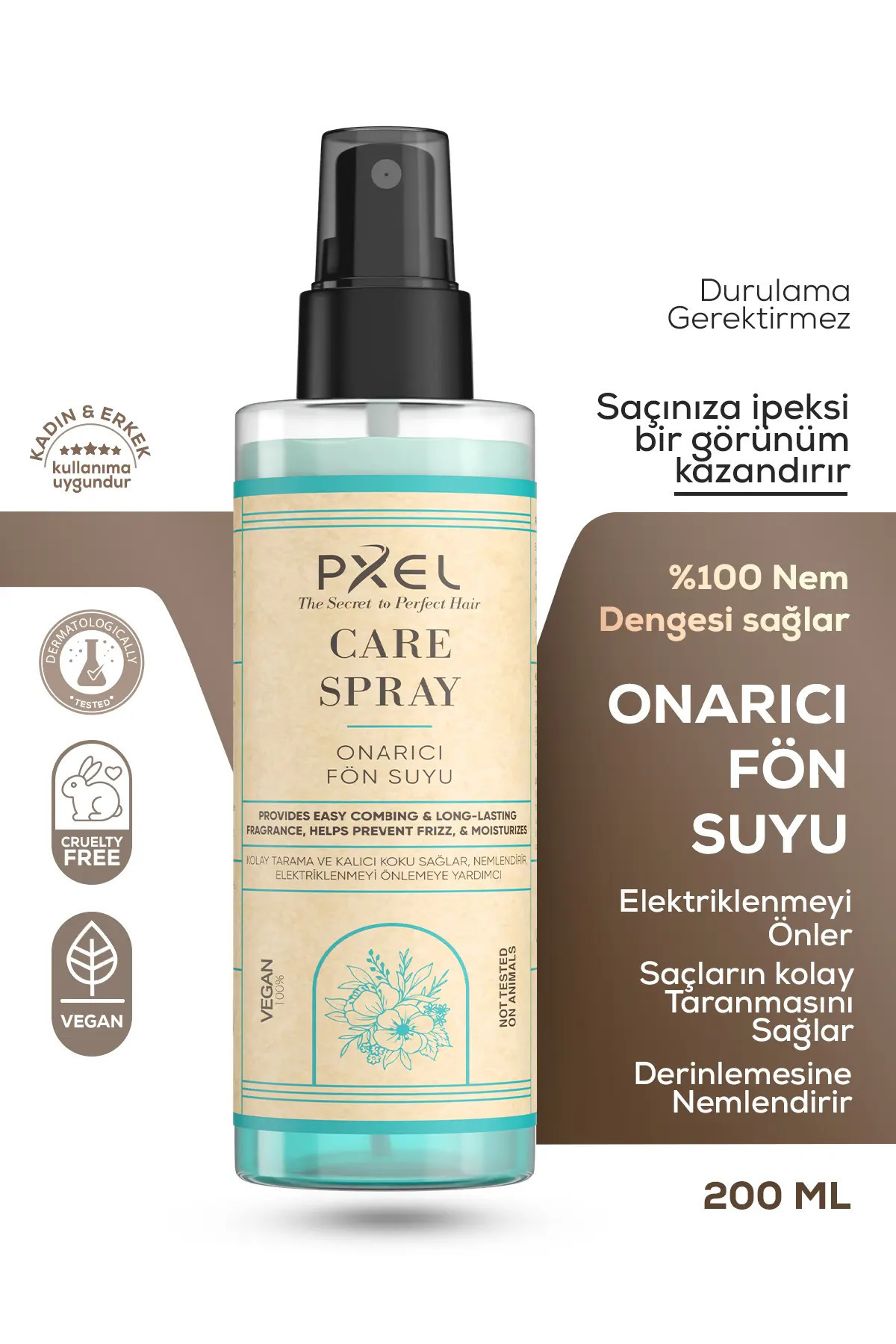 PXEL Çift Fazlı Isı Koruyucu Onarıcı Fön Suyu 200 ML | Vegan, Durulanmayan Saç Bakım Spreyi