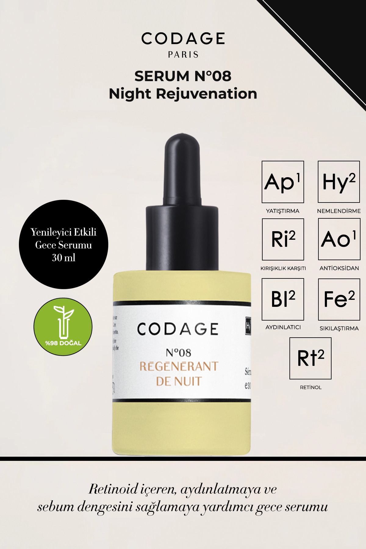 CODAGE PARIS Serum No 08 Night Rejuvenation - Yenileyici Etkili Gece Serumu 30 ml