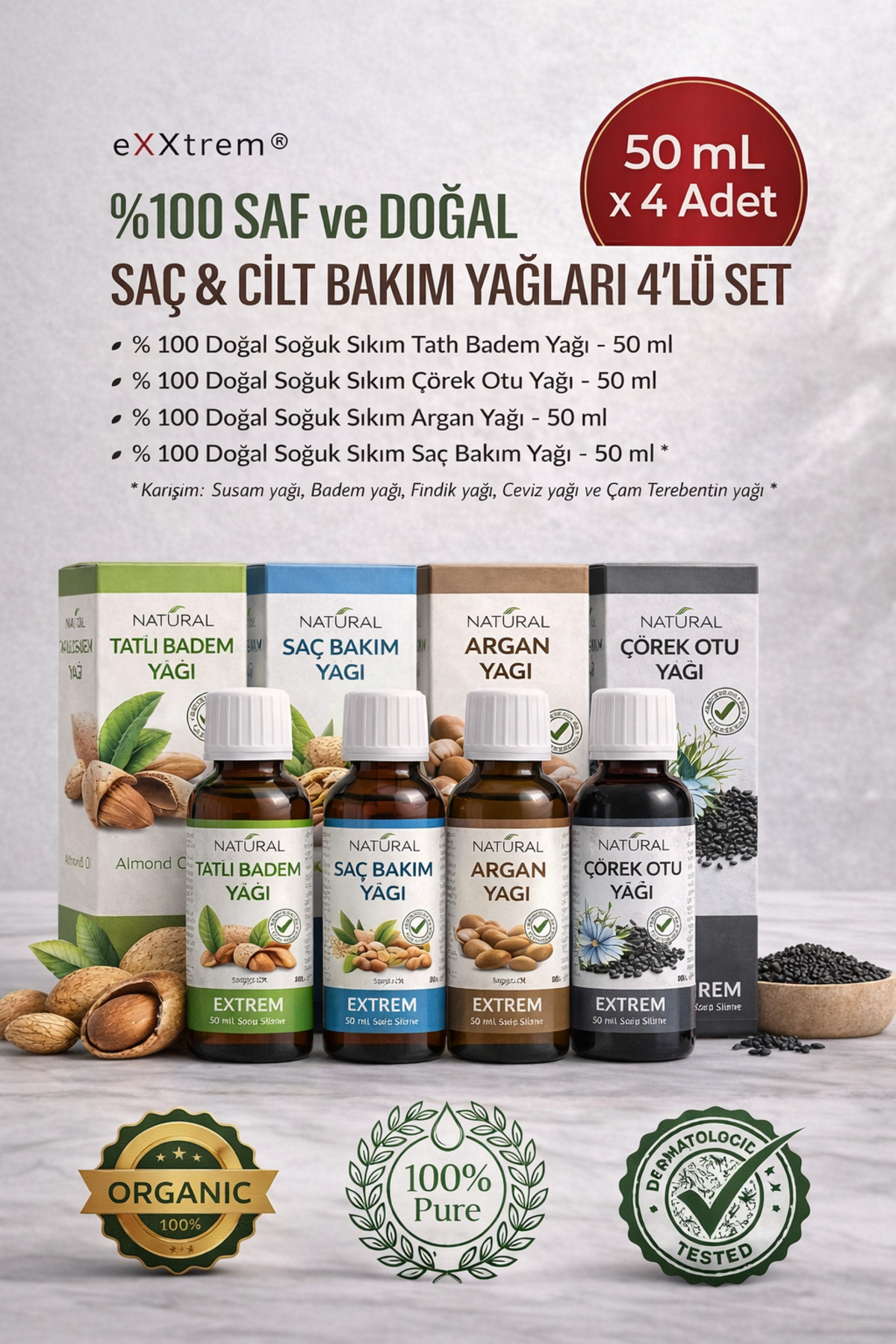 Extrem DOĞAL SAÇ & CİLT BAKIM YAĞLARI 4'lü SET ( 4x50ml )