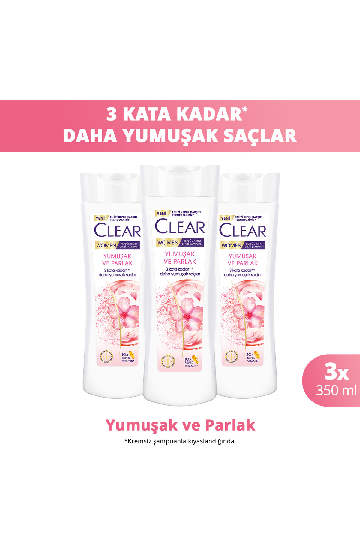 Clear Women Kepeğe Karşı Etkili Şampuan Yumuşak ve Parlak 350 ml x3