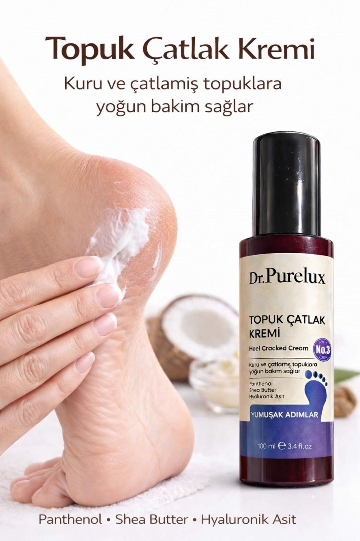 Dr.Purelux Topuk Çatlak Kremi – Shea Yağı & Hyaluronik Asit İçerikli Yoğun Nemlendirici Bakım Kremi 100 ml