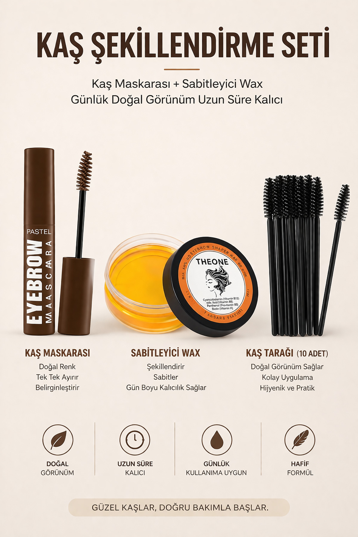 Pastel Kaş Şekillendirme Seti Doğal Renkli Kaş Maskarası ve Sabitleyici Kaş Wax 10’lu Fırça