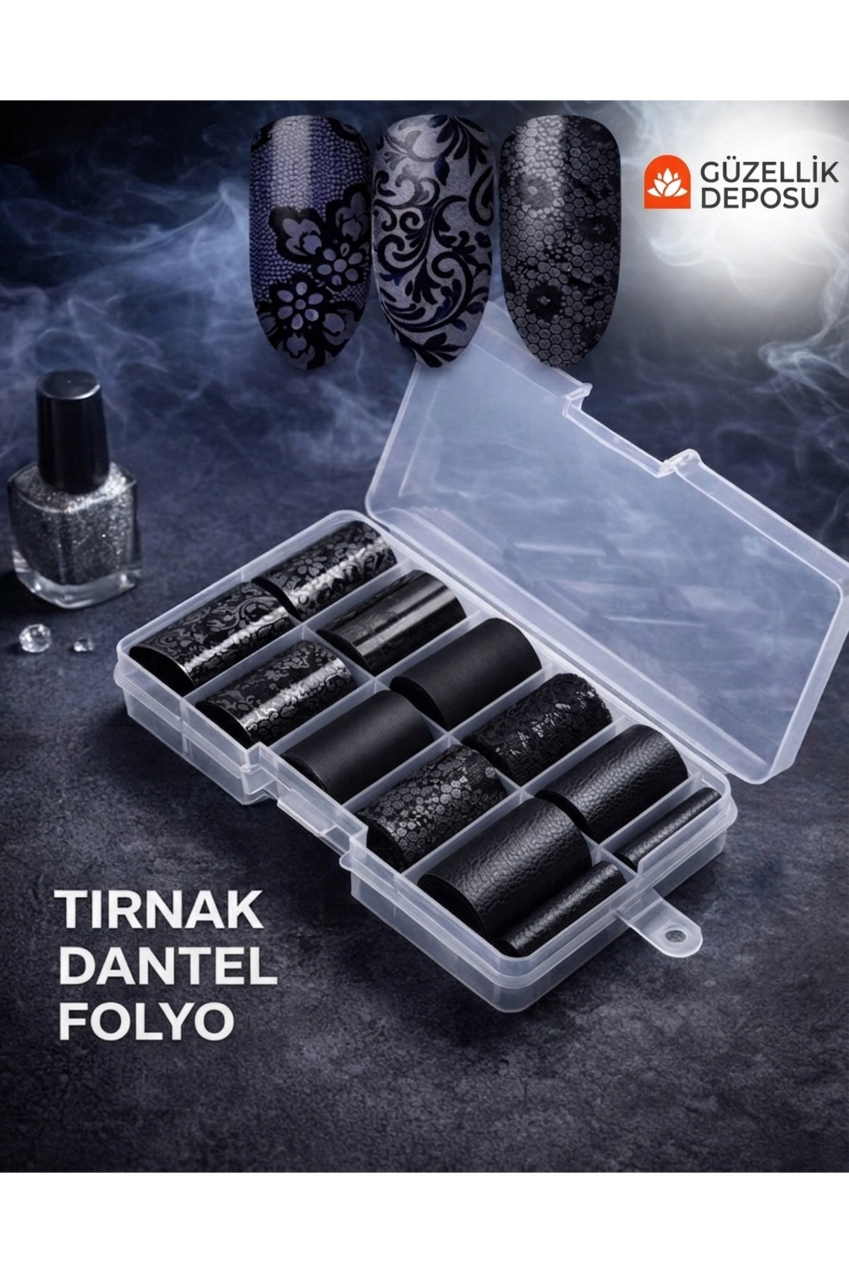 Güzellik Deposu 10'lu Siyah Dantel Desenli Protez Tırnak Transfer Folyosu Seti - Nail Art Süsleme Folyo Paketi
