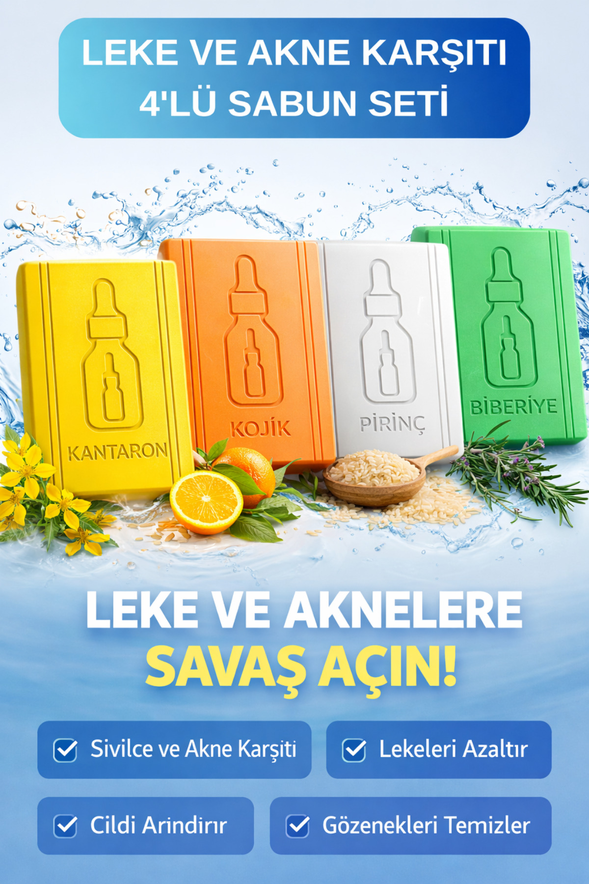 VERANT Leke ve Akne Karşıtı 4'lü Sabun Seti: Kantaron, Kojik, Pirinç ve Biberiye Sabunu