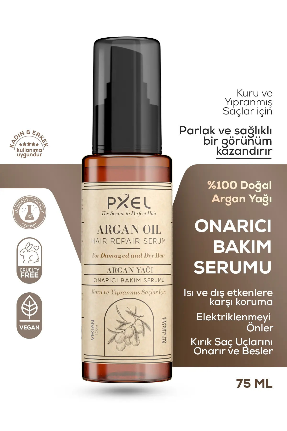 PXEL Saç Onarıcı Serum 75 ML | Argan, Hindistan Cevizi Yağı , Vegan Saç Bakım Serumu