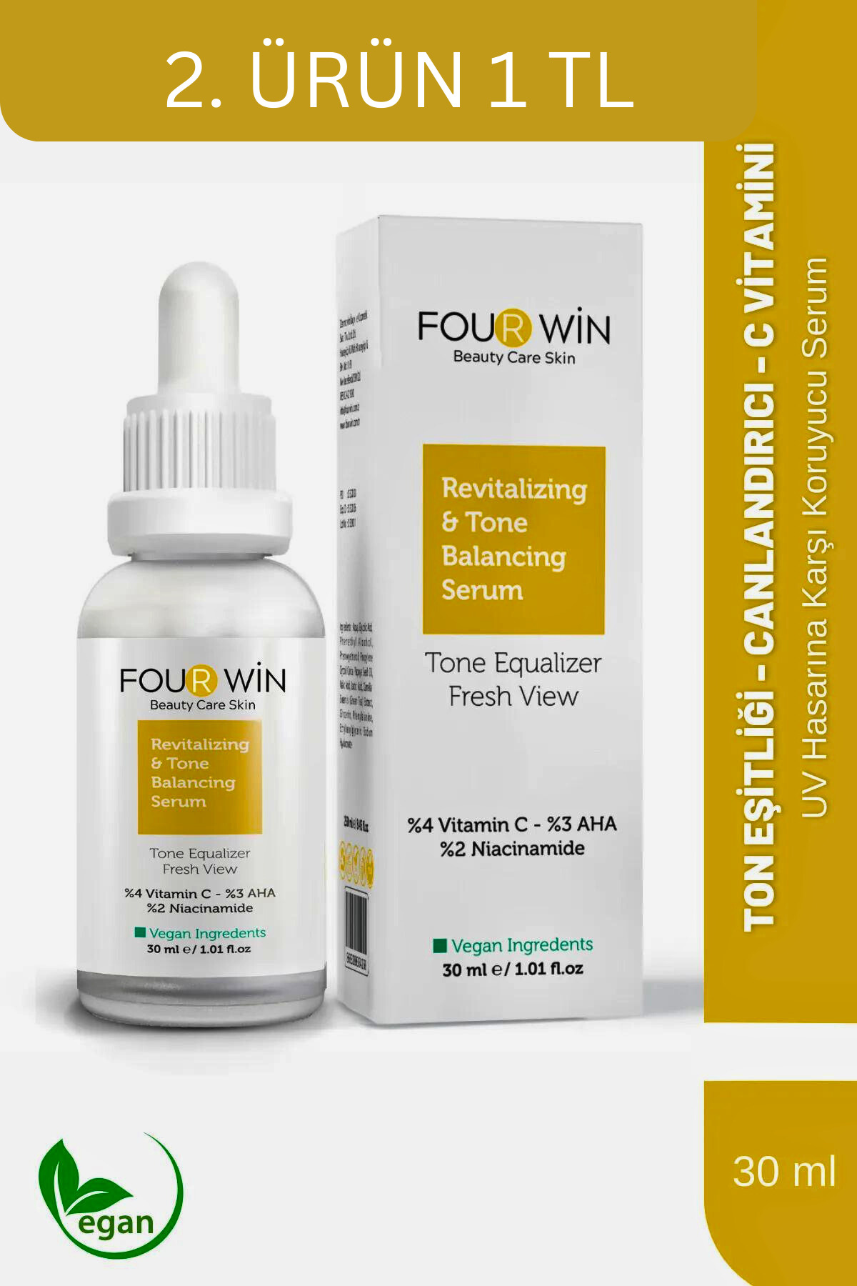 Four Win Aydınlatıcı & Renk Eşitleyici C Vitamini Serum ( %4 Vitamin C , %3 Aha , %2 Niacinamide ) 30 ml