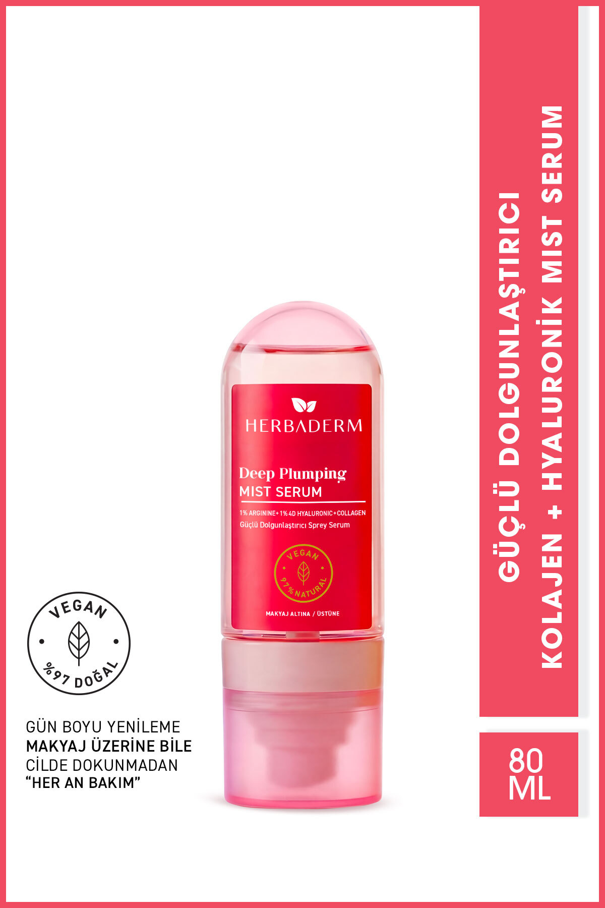 Herbaderm Güçlü Dolgunlaştırıcı Mist Sprey Serum, Makyaj Altına/Üstüne, 80 ml