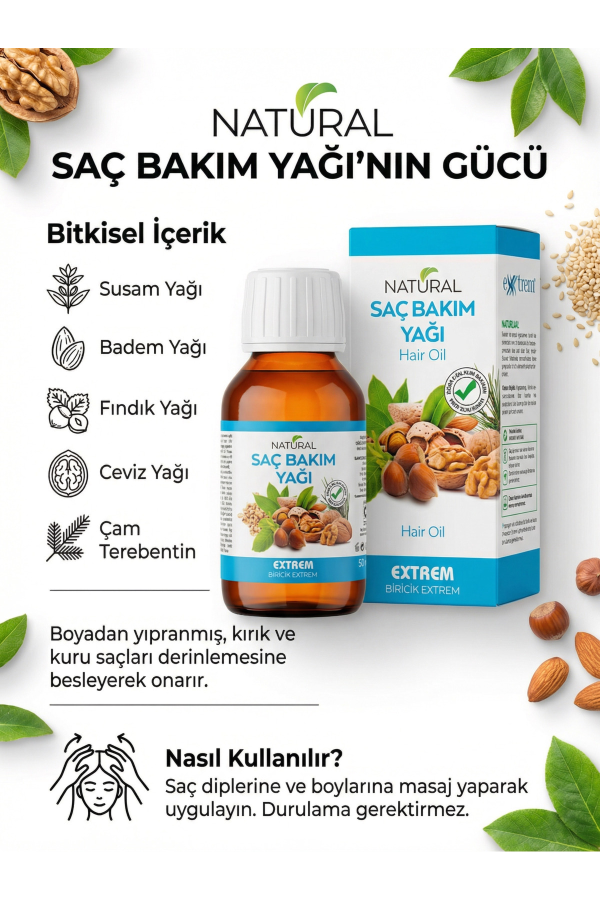EXXTREM Natural Saç Bakım Yağı | Doğal Soğuk Sıkım Yağlardan Özel Bitkisel Karışım – 50 ml