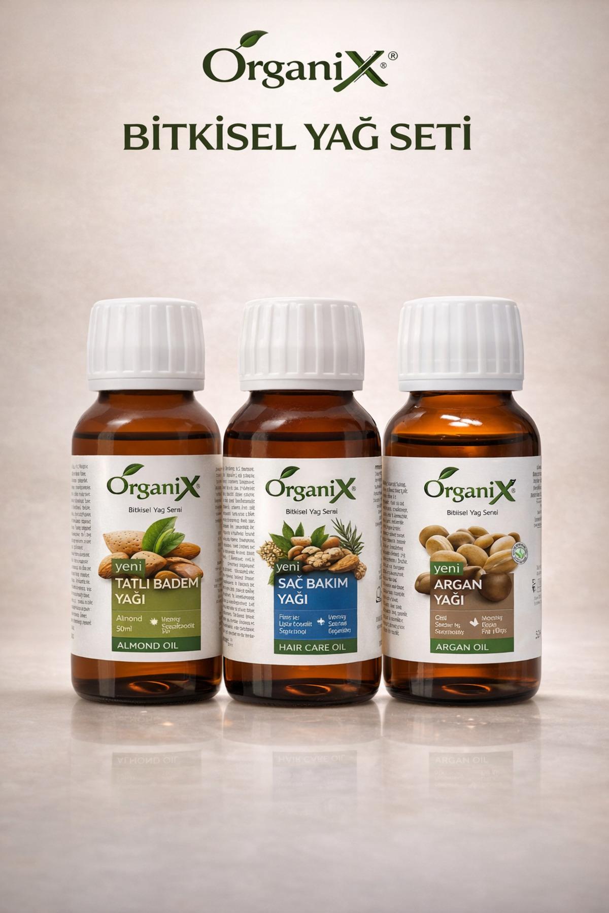 Organix %100 Doğal Soğuk Sıkım Bitkisel Yağ Bakım Seti 3'lü Argan Tatlı Badem Saç Bakım Yağı 50 ml
