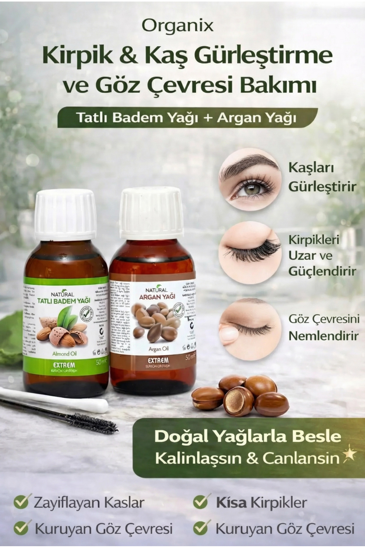 EXXTREM Kirpik Kaş Gürleştirici Göz Çevresi Bakım Seti Tatlı Badem Argan Yağı %100 Doğal 2x50 ml