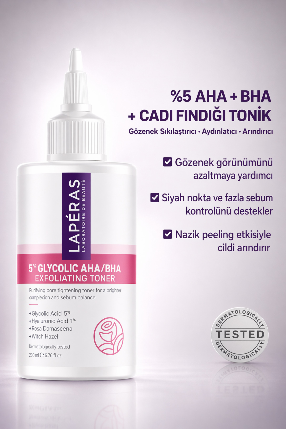 LAPÉRAS %5 Glikolik Asit Cadı Fındığı Tonik | Salisilik Asit AHA/BHA | Gözenek Sıkılaştırıcı, Aydınlatıcı