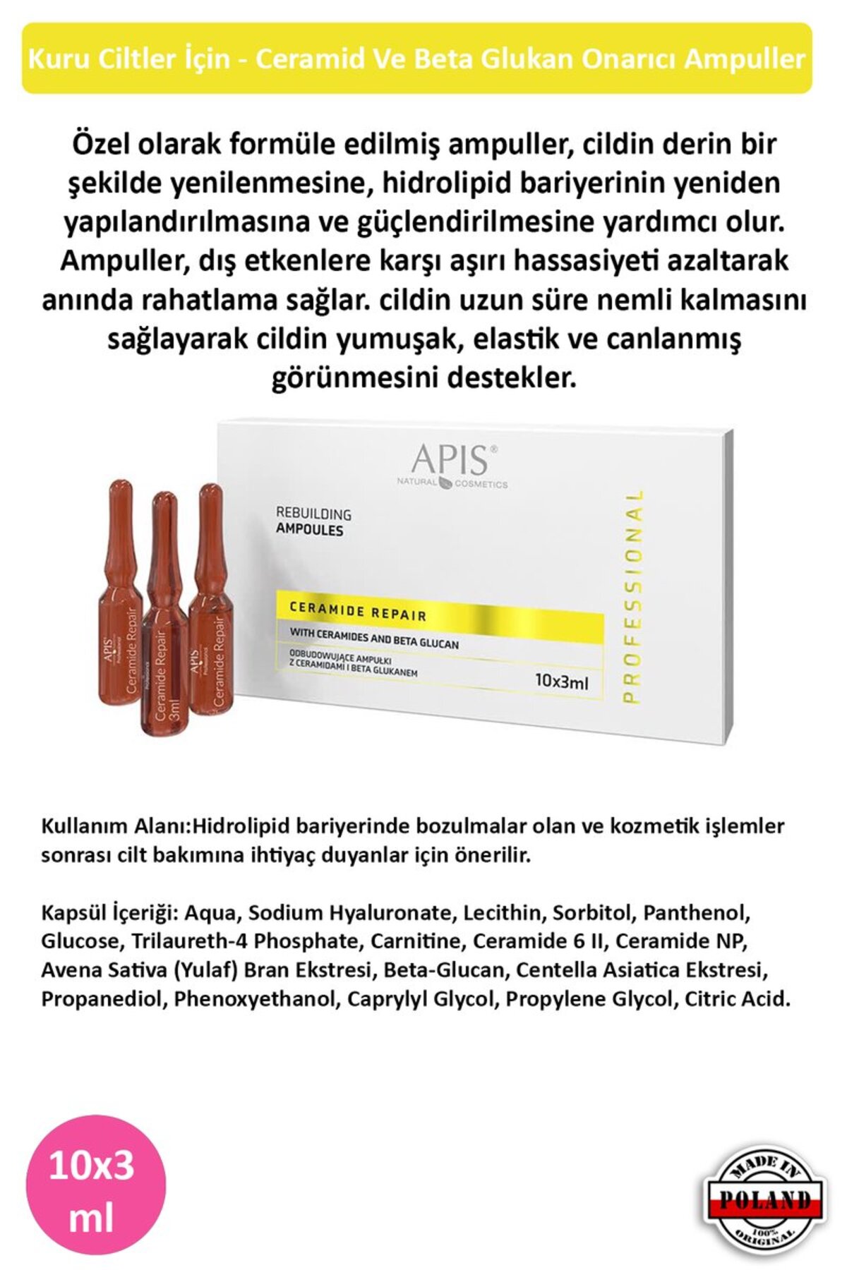 Apis Natural Cosmetics Kuru Ciltler İçin - Ceramid Ve Beta Glukan Onarıcı Ampuller - 10 X 3 Ml