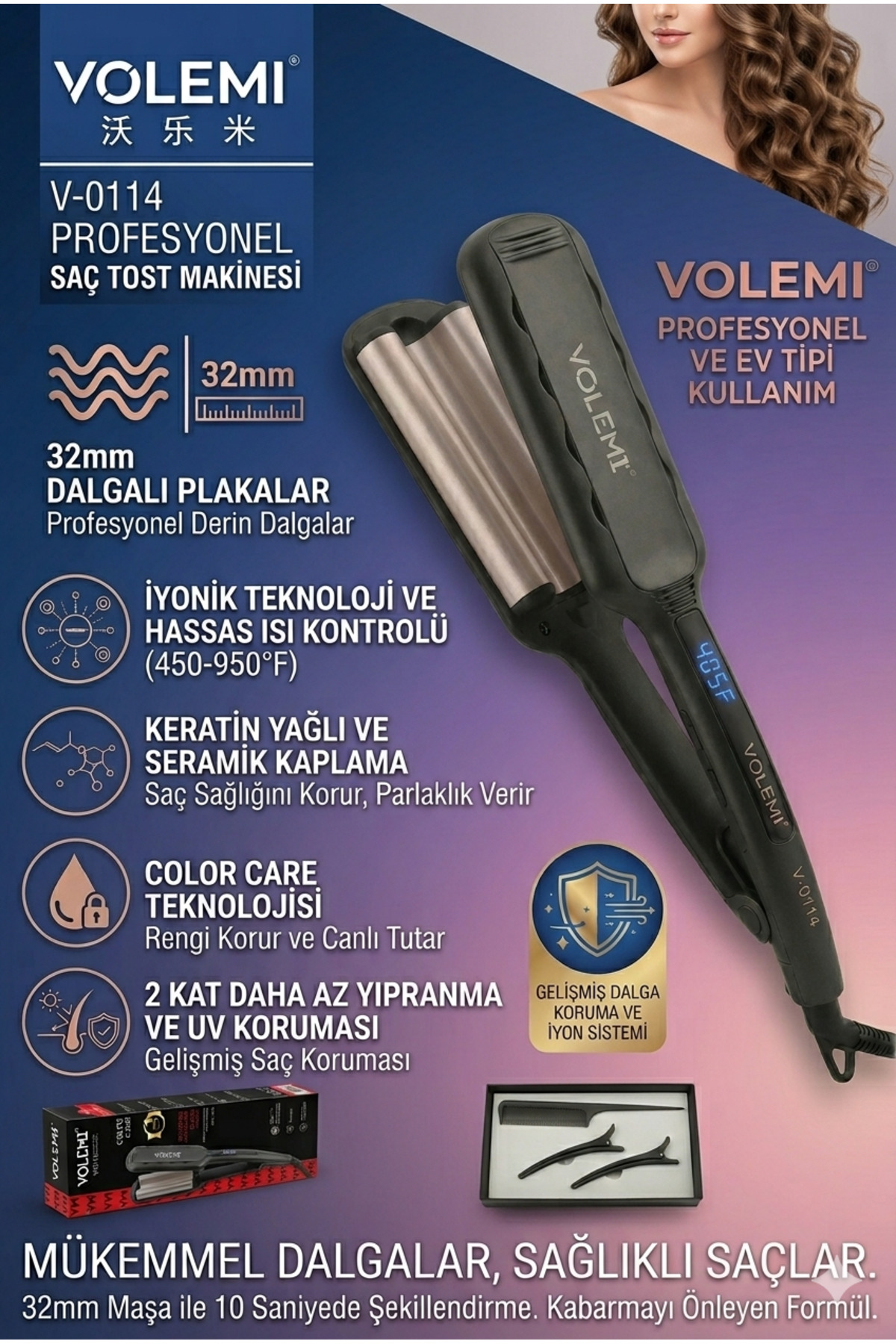 VOLEMİ V-0114 Profesyonel 32mm Saç Tost Makinesi (Wag Maşası)