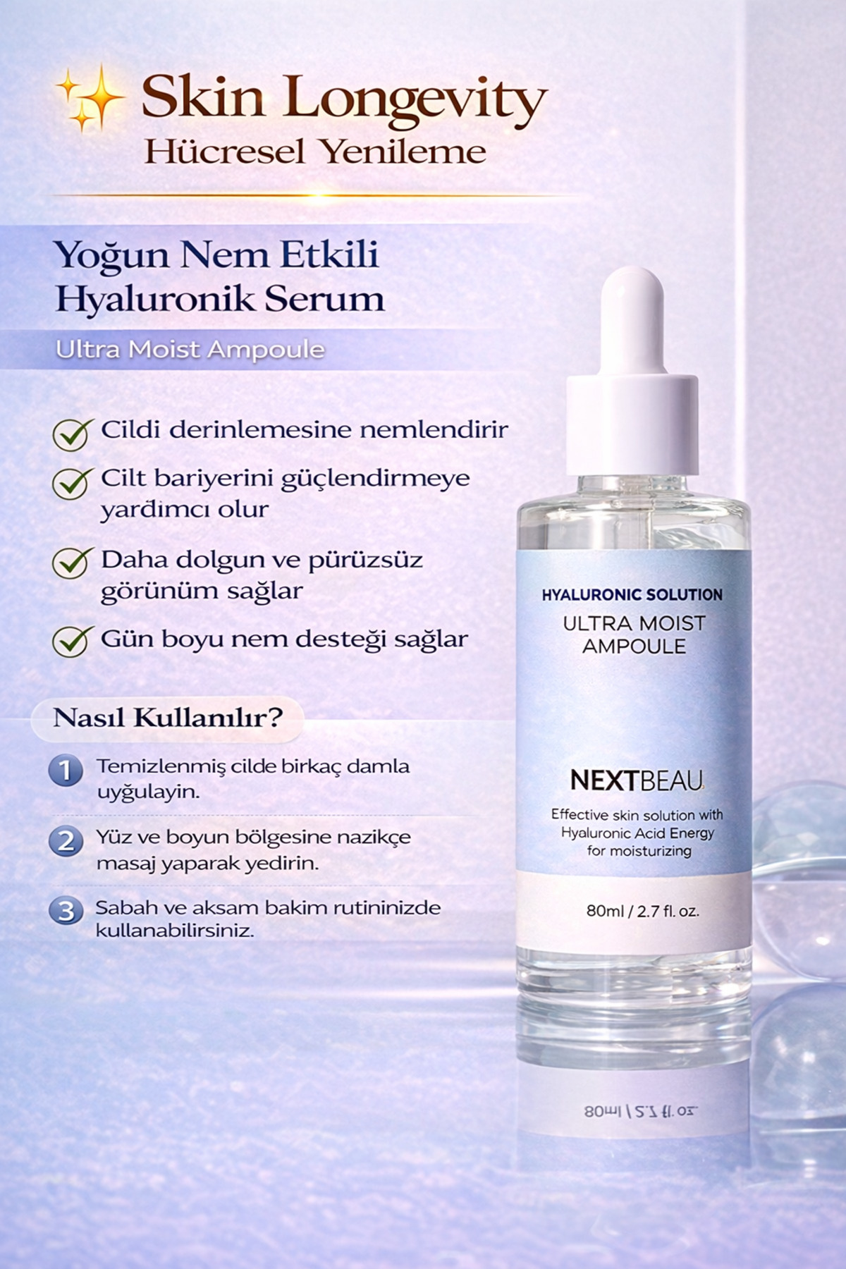 NEXTBEAU Hyaluronic Asit Yoğun Nemlendirici Cilt Dolgunlaştırıcı Elastikiyet Artırıcı Aydınlatıcı Yüz Ampul Serumu
