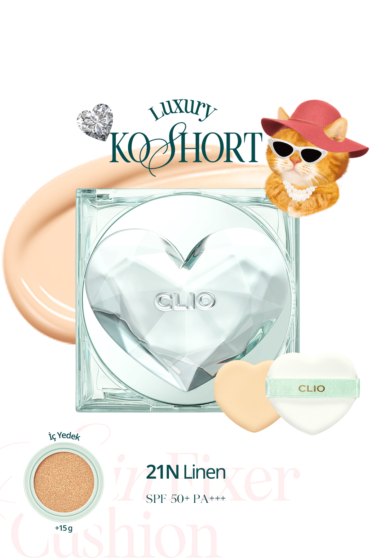 CLIO Özel Tasarım, Kalıcı, Mat Cushion Kill Cover Skin Fixer Cushion+Refill 21N Linen Luxury Koshort