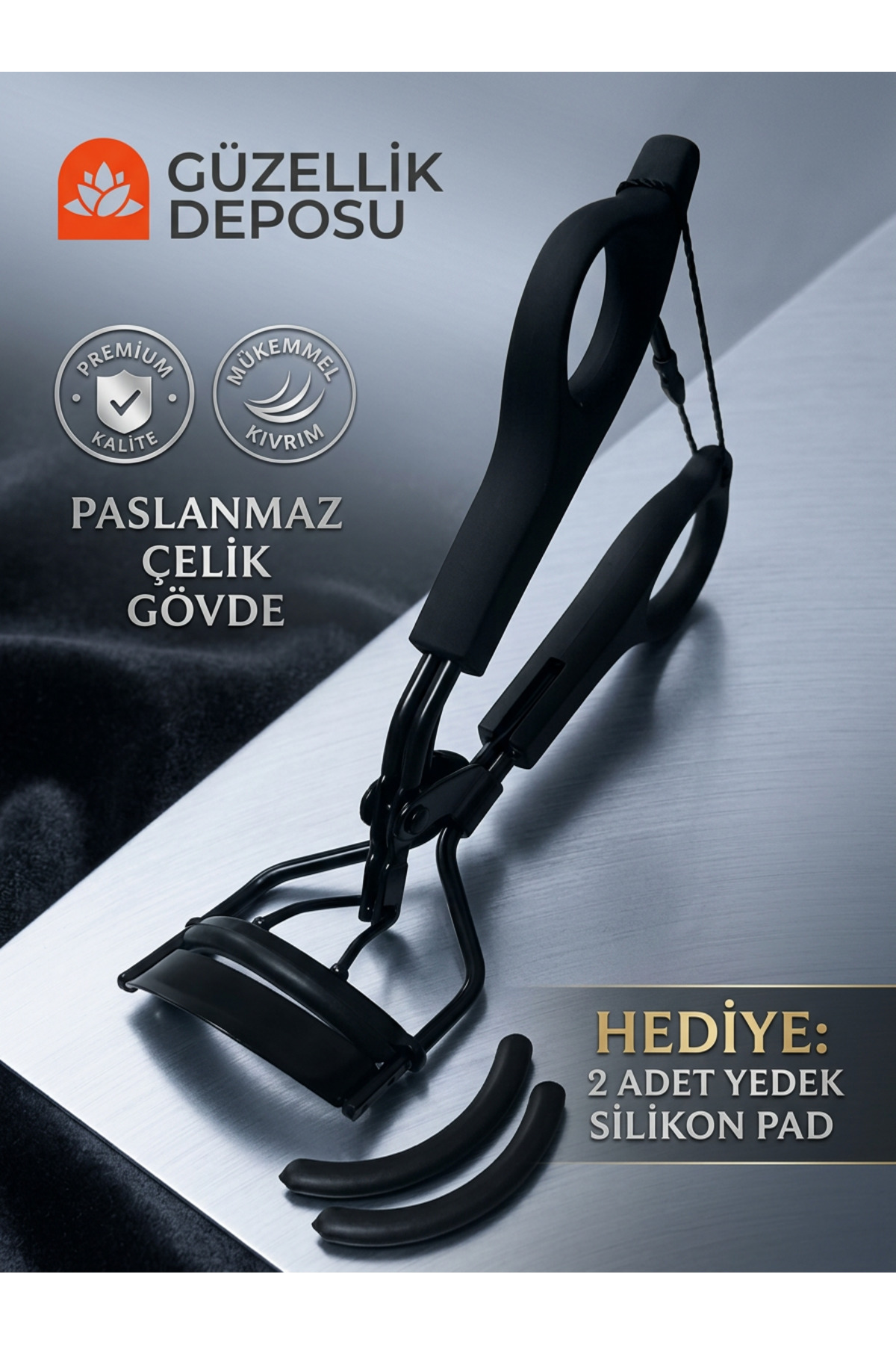 Güzellik Deposu Premium Mat Siyah Kirpik Kıvırıcı - Paslanmaz Çelik Kirpik Şekillendirici + 2 Yedek Silikon Hediye
