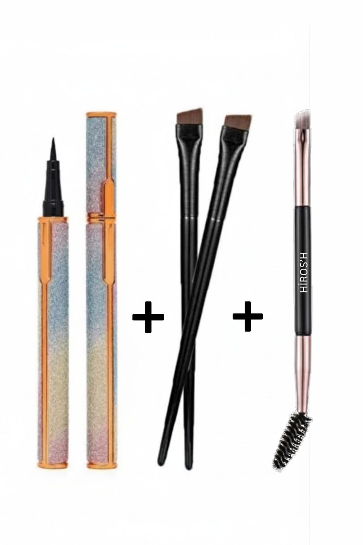 HİROS'H 3'Lü Set Eyeliner - İki Uçlu Fırça - Eyeliner Fırçası